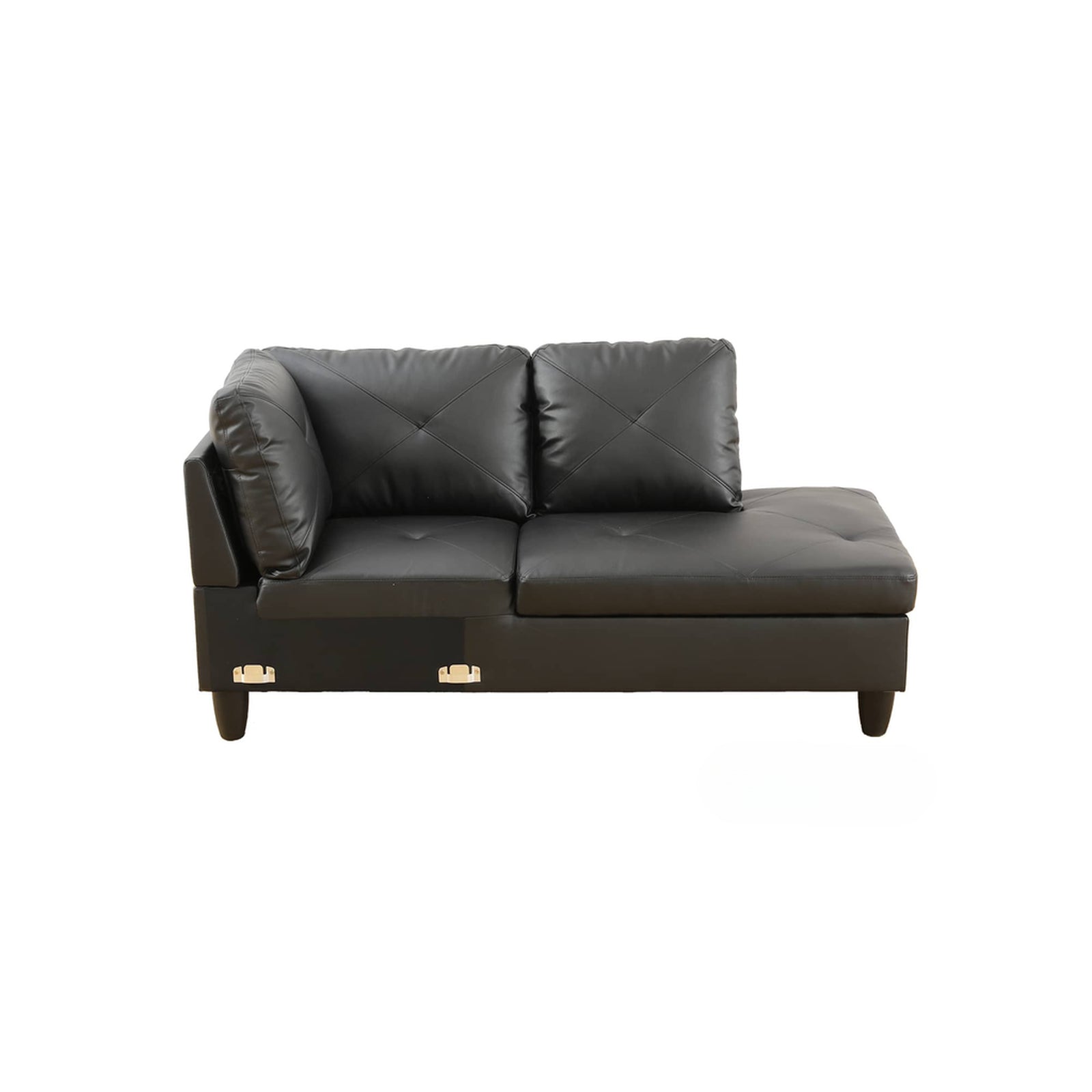Black faux leather sectional sofa with diamond tufting