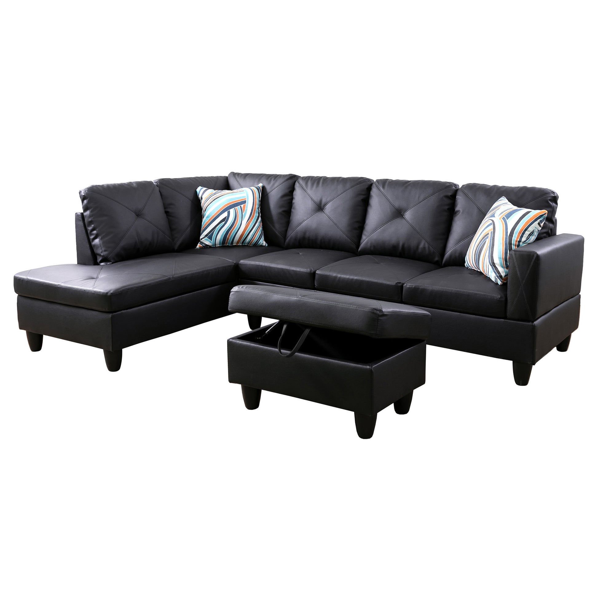 Black faux leather sectional sofa with tufted cushions and storage ottoman
