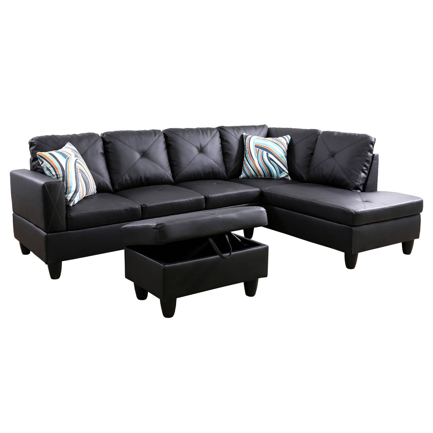 Black faux leather sectional sofa with tufted cushions and storage ottoman