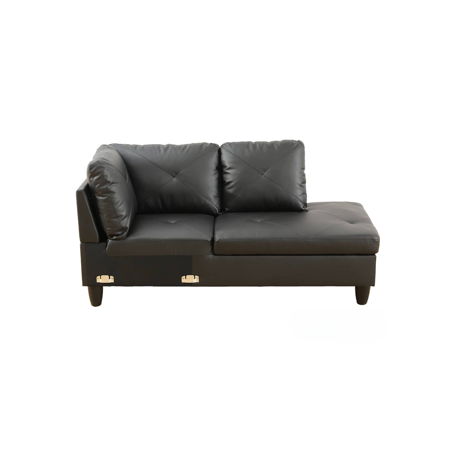 Black faux leather sectional sofa with tufted cushions and chaise