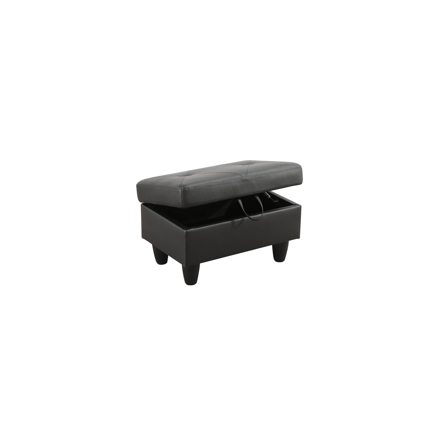 Black faux leather storage ottoman with tufted lid and interior storage compartment