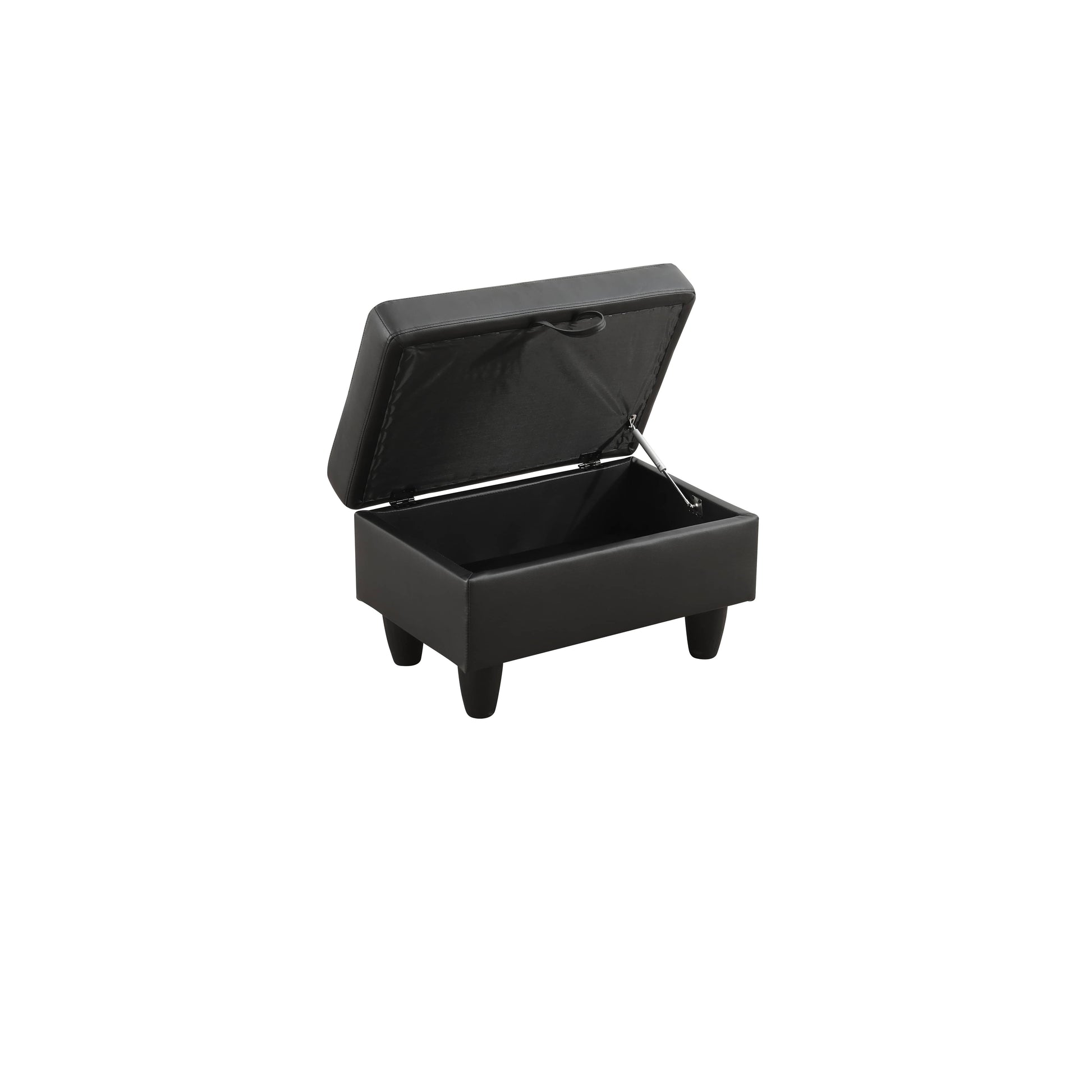 Black faux leather storage ottoman with lid open