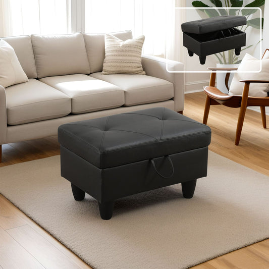 Black faux leather storage ottoman with tufted top and internal storage compartment