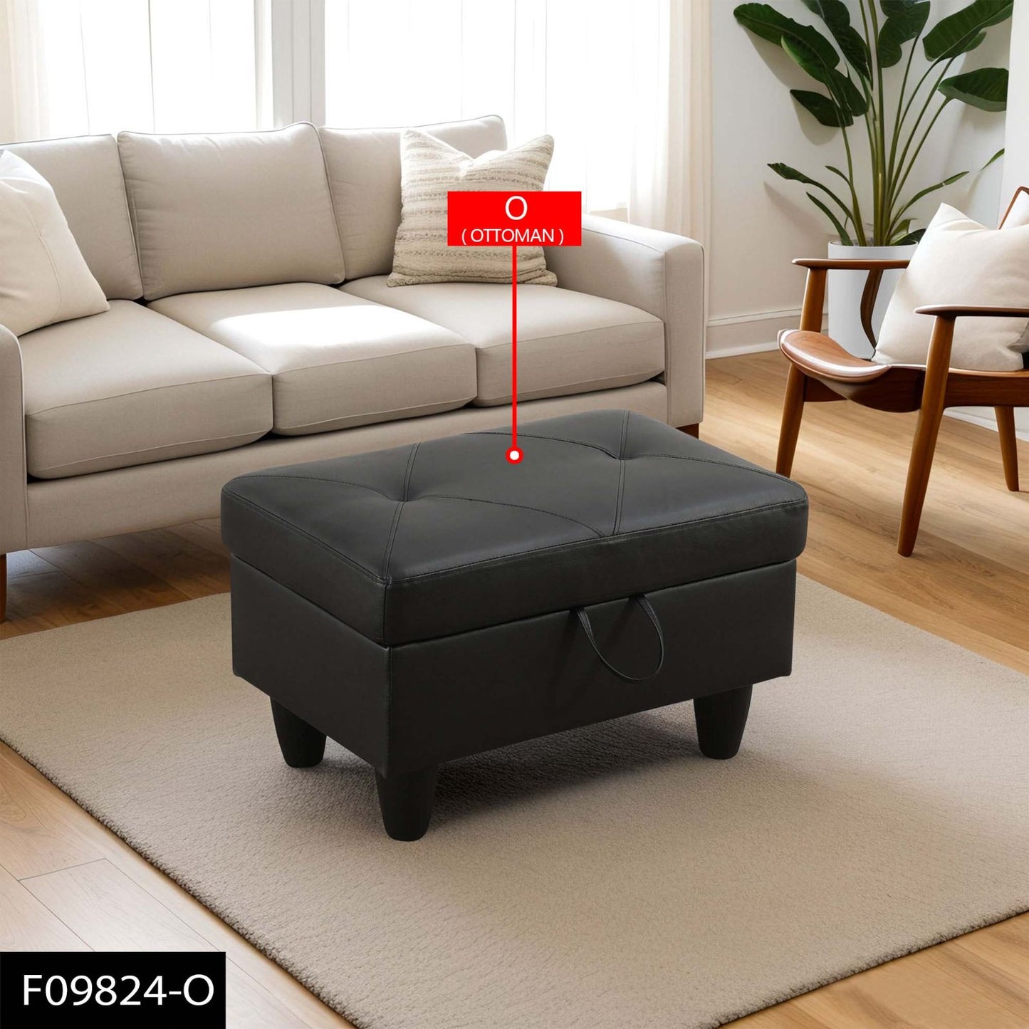 Black faux leather storage ottoman with tufted lid and pull tab