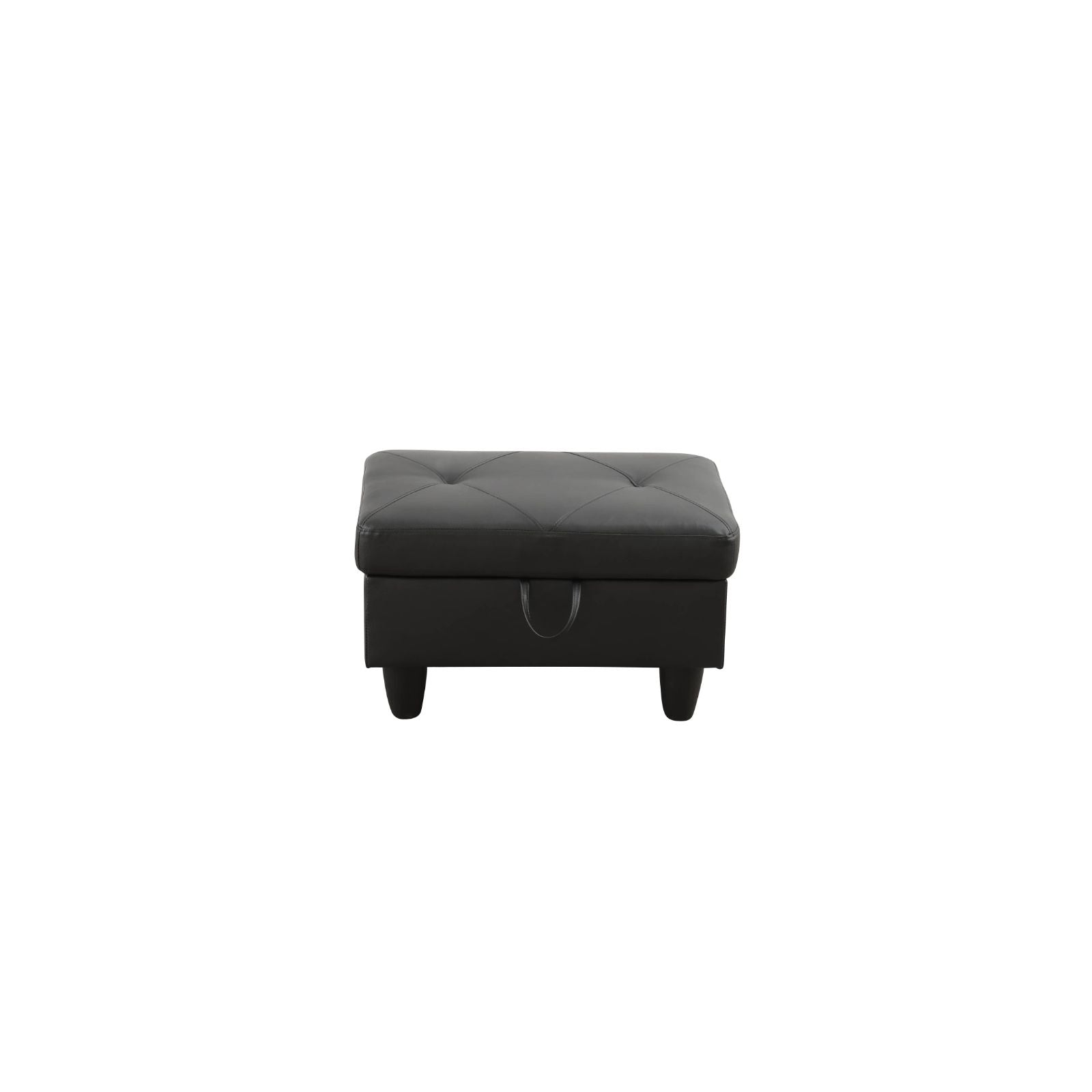 Black faux leather storage ottoman with tufted lid and Ushaped handle