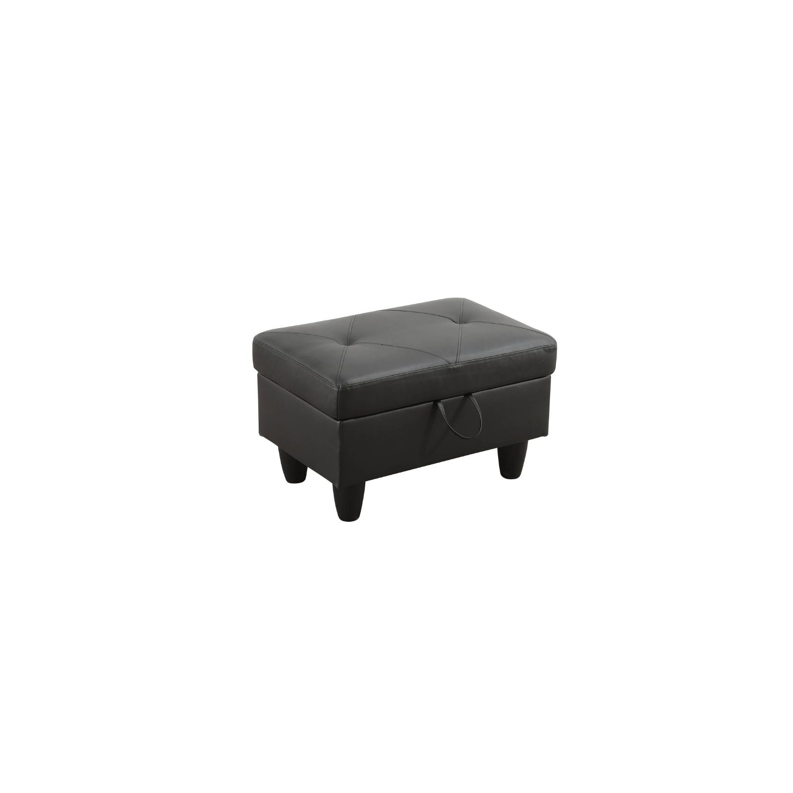 Black faux leather tufted storage ottoman with a pull tab