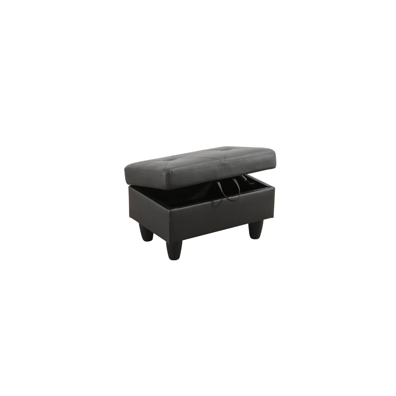 Black faux leather storage ottoman with tufted lid lifted