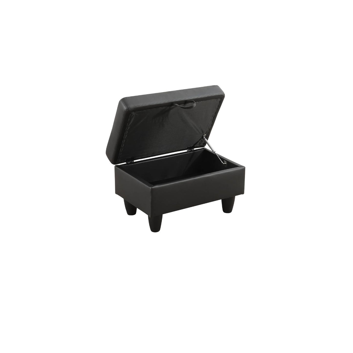 Black faux leather storage ottoman with lifted lid and interior compartment