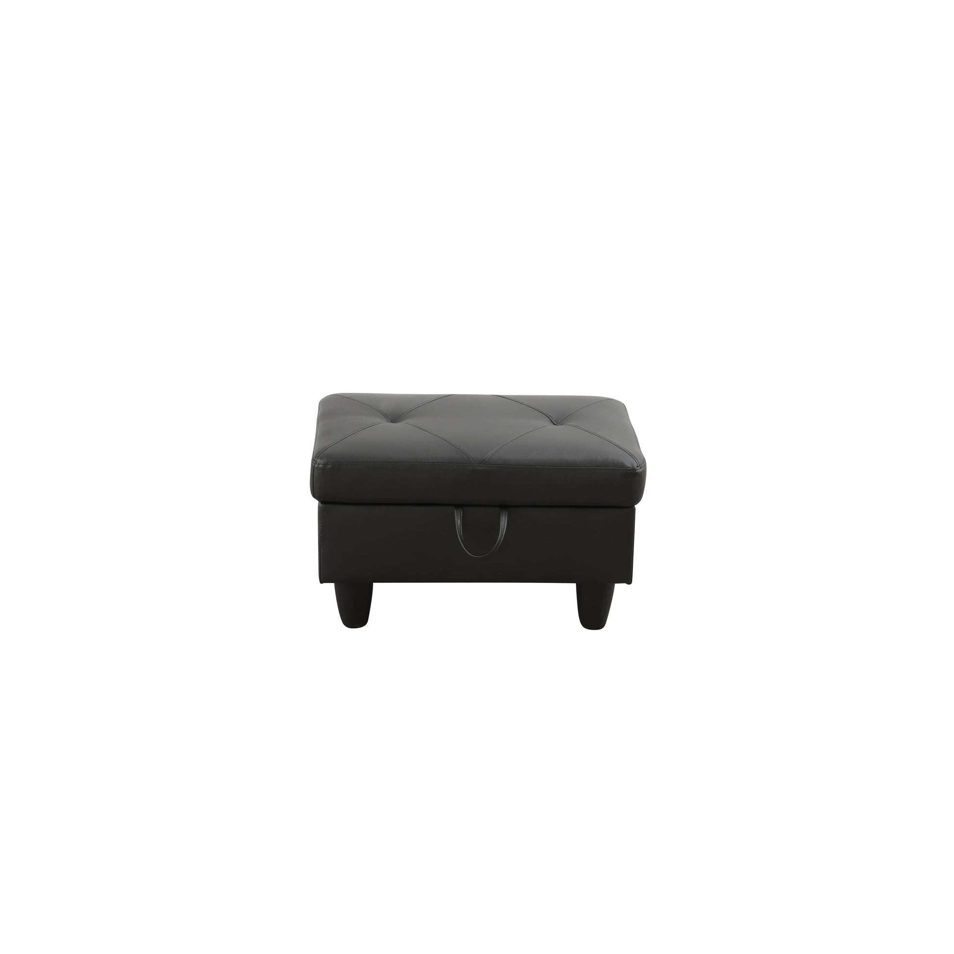 Black tufted storage ottoman with hidden compartment and Ushaped pull tab