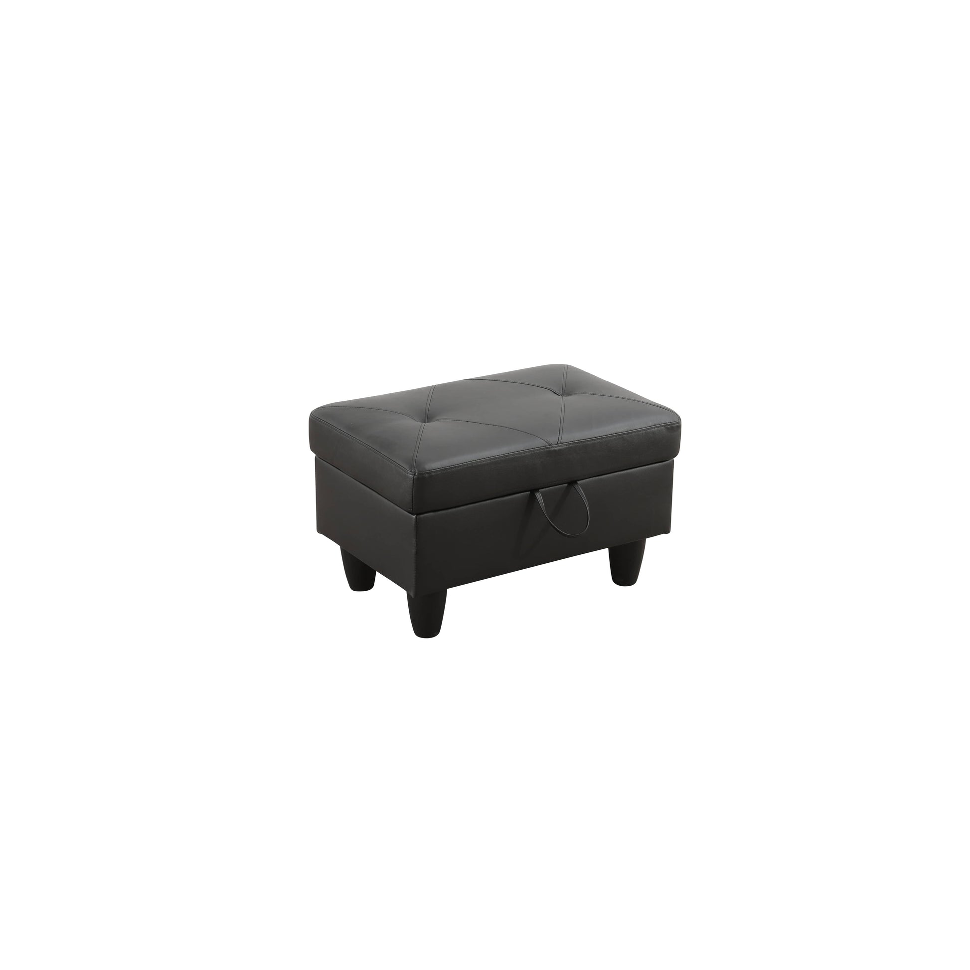 Black faux leather tufted storage ottoman with button accents and tapered legs