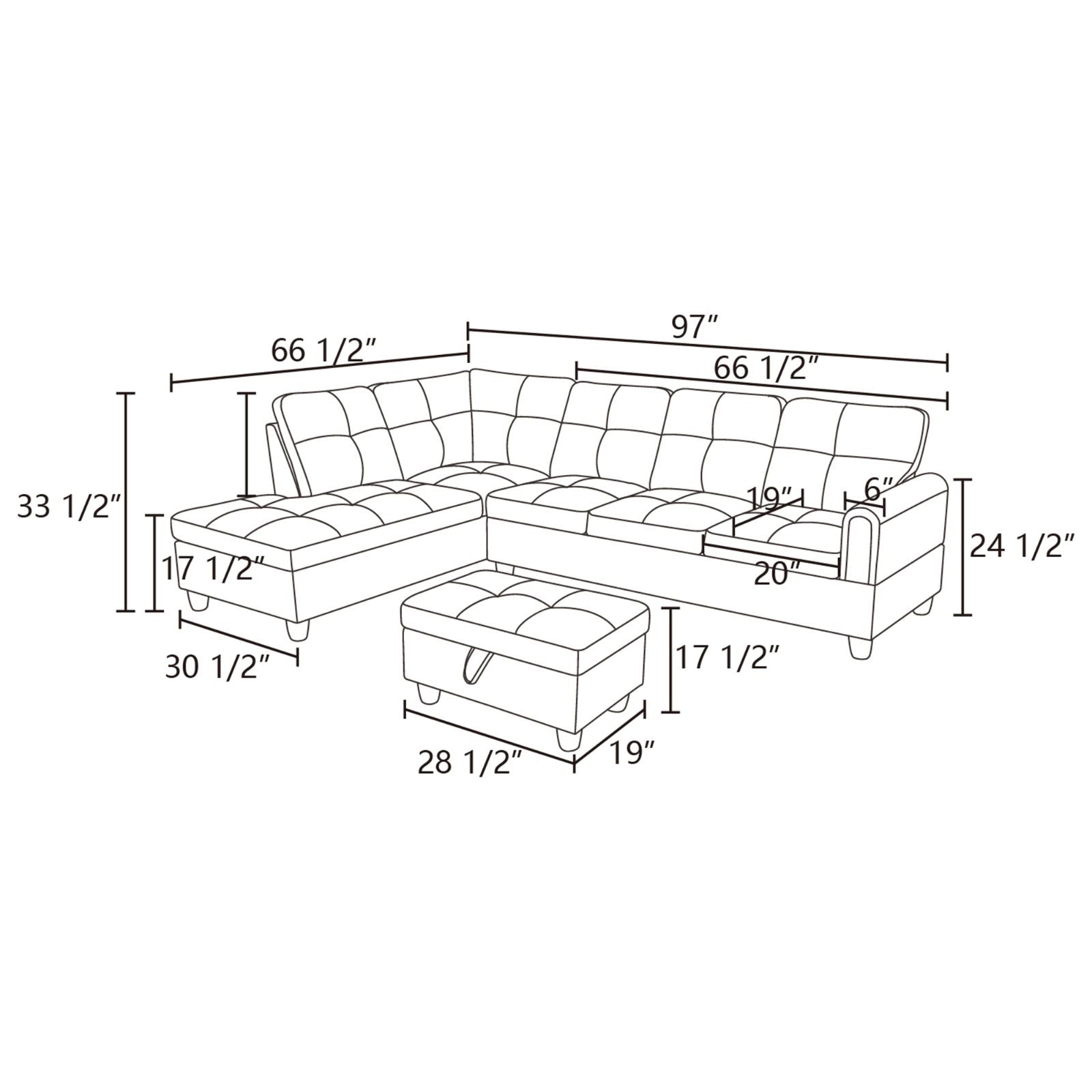 Diagram of tufted sectional sofa with dimensions