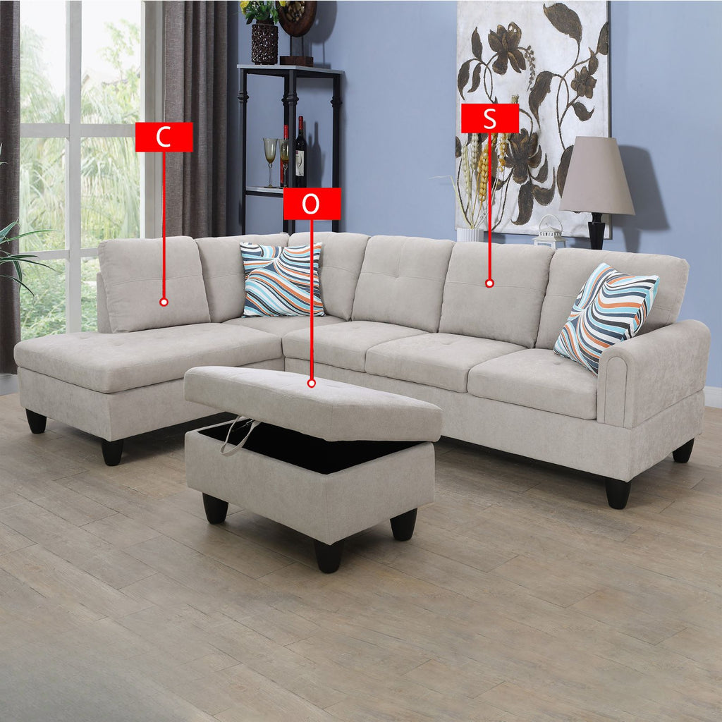 A light gray sectional sofa with chaise lounge and open storage ottoman