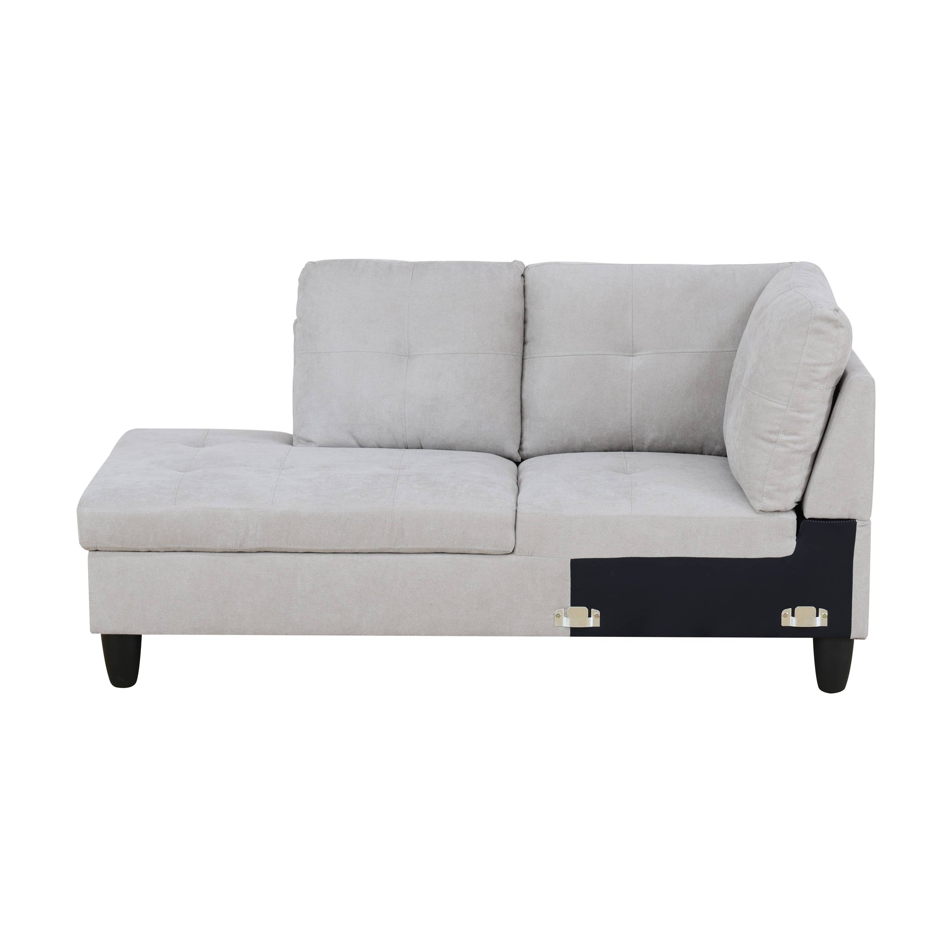 Light grey fabric sectional sofa with chaise and tufted cushions