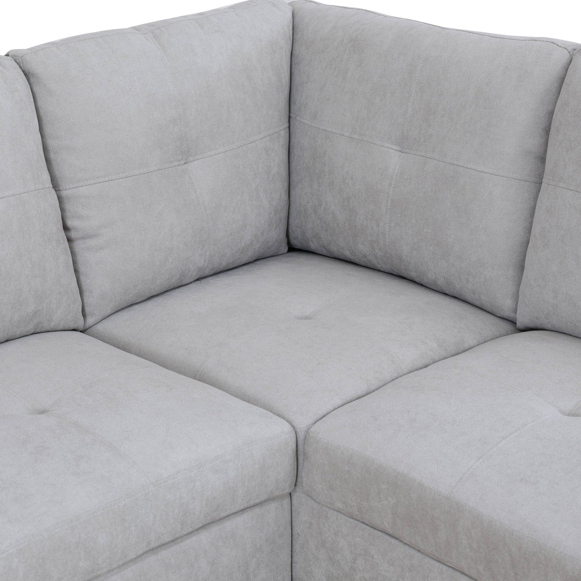 Light grey textured fabric sectional sofa corner detail