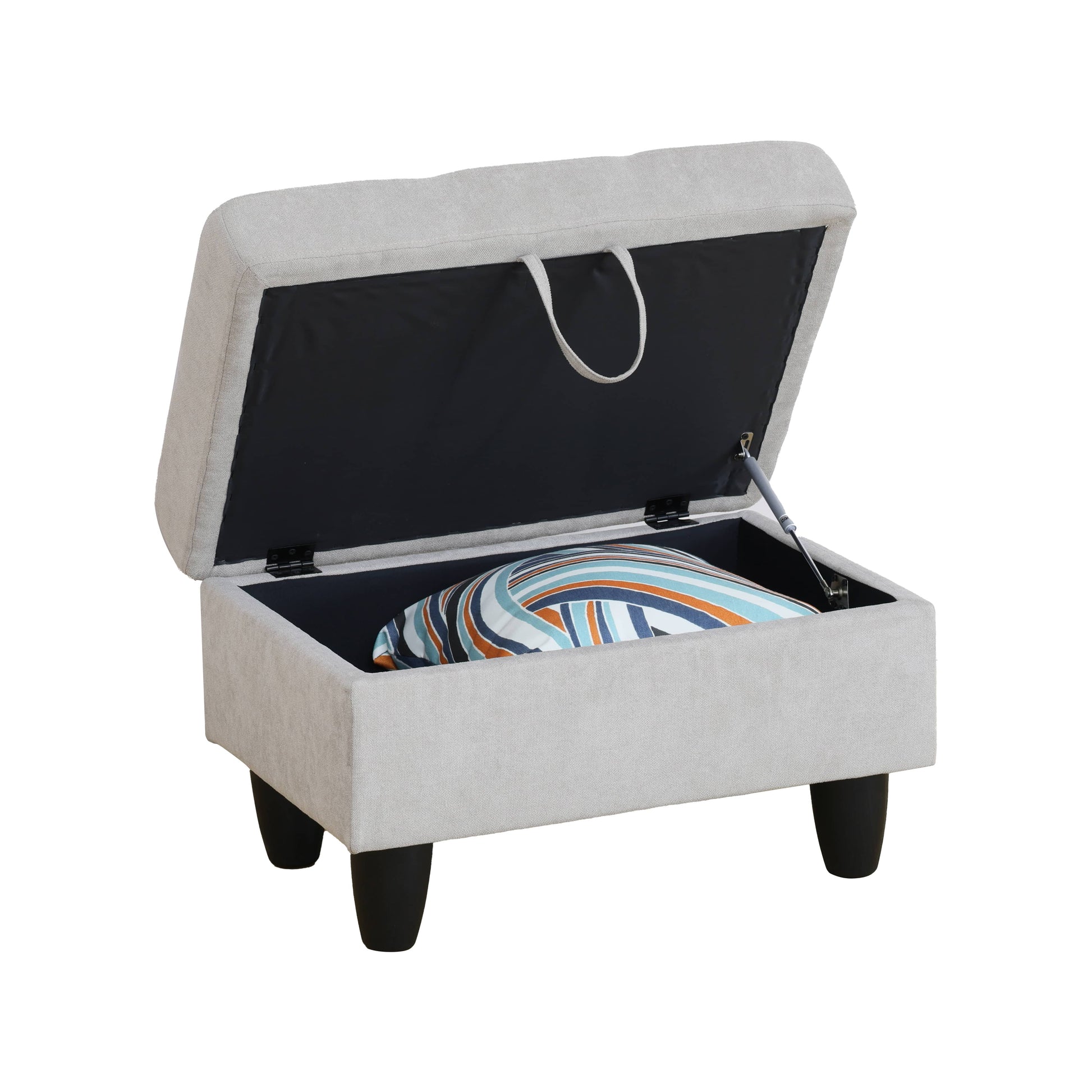 Light grey fabric storage ottoman with open lid showing striped pillow
