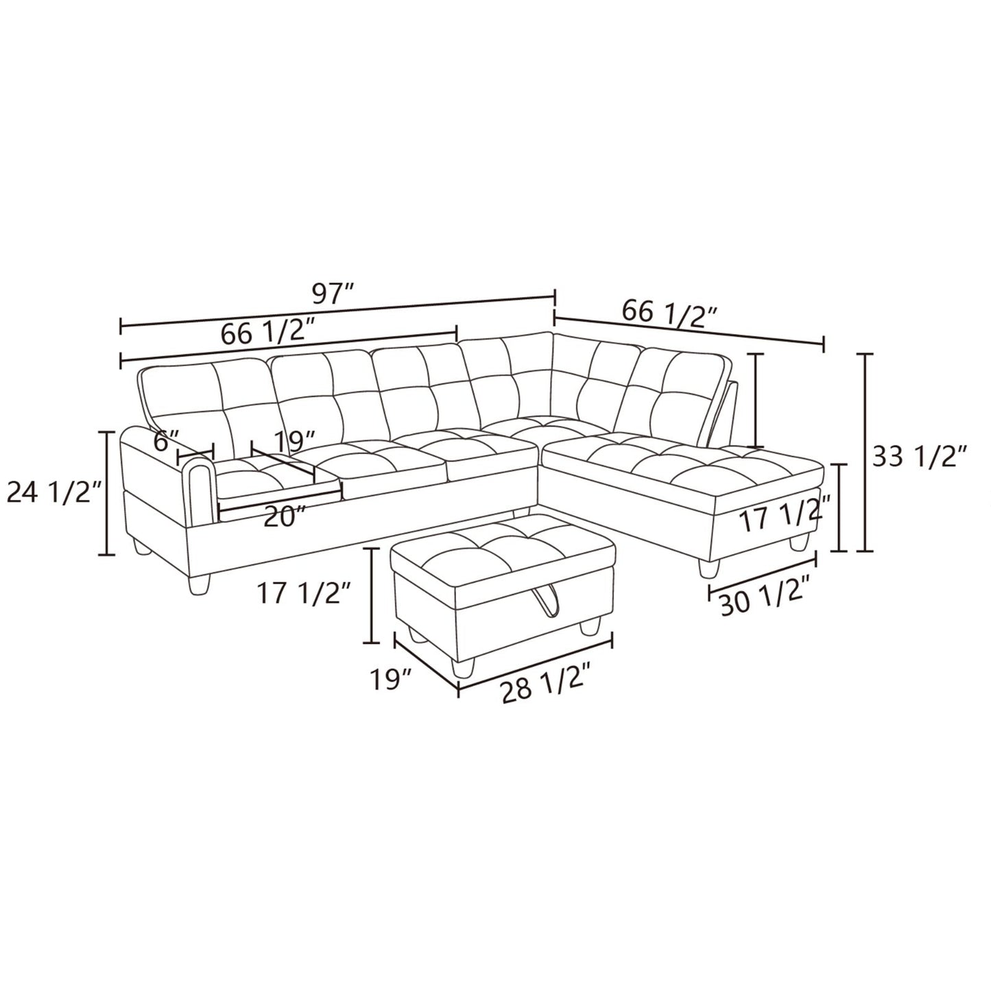 Diagram of a sectional sofa and ottoman with dimensions labeled