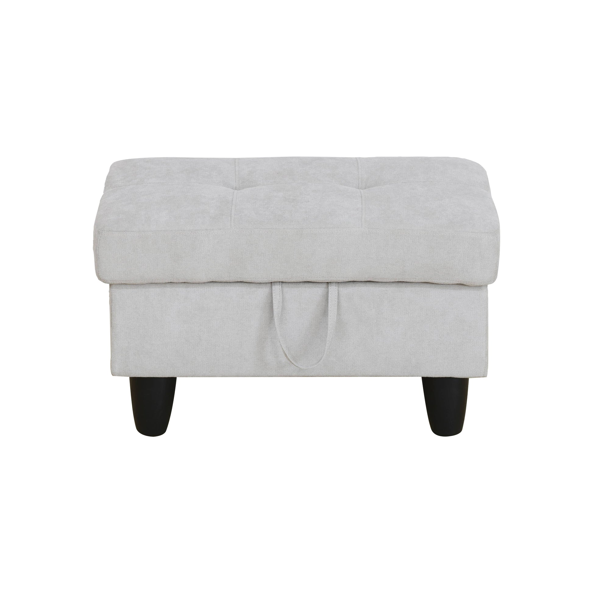 Tufted grey fabric storage ottoman with black tapered legs and hidden handles