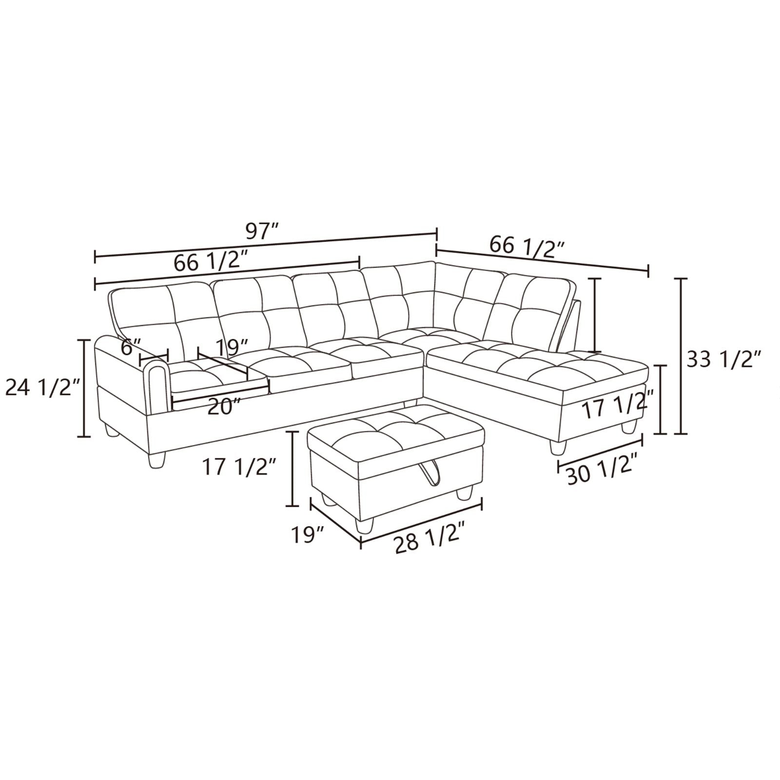 Diagram of a tufted sectional sofa with ottoman and dimensions