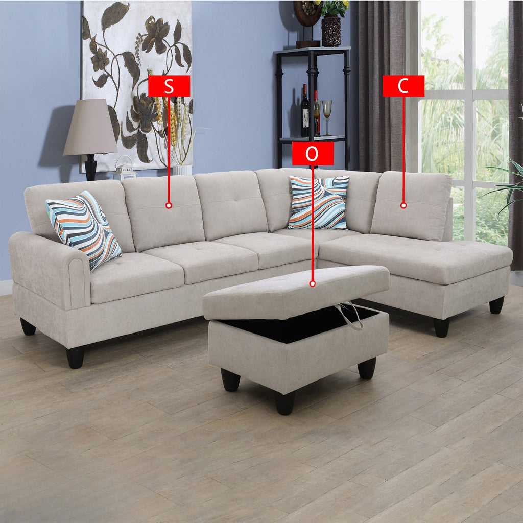 Sectional sofa in light beige fabric with storage ottoman