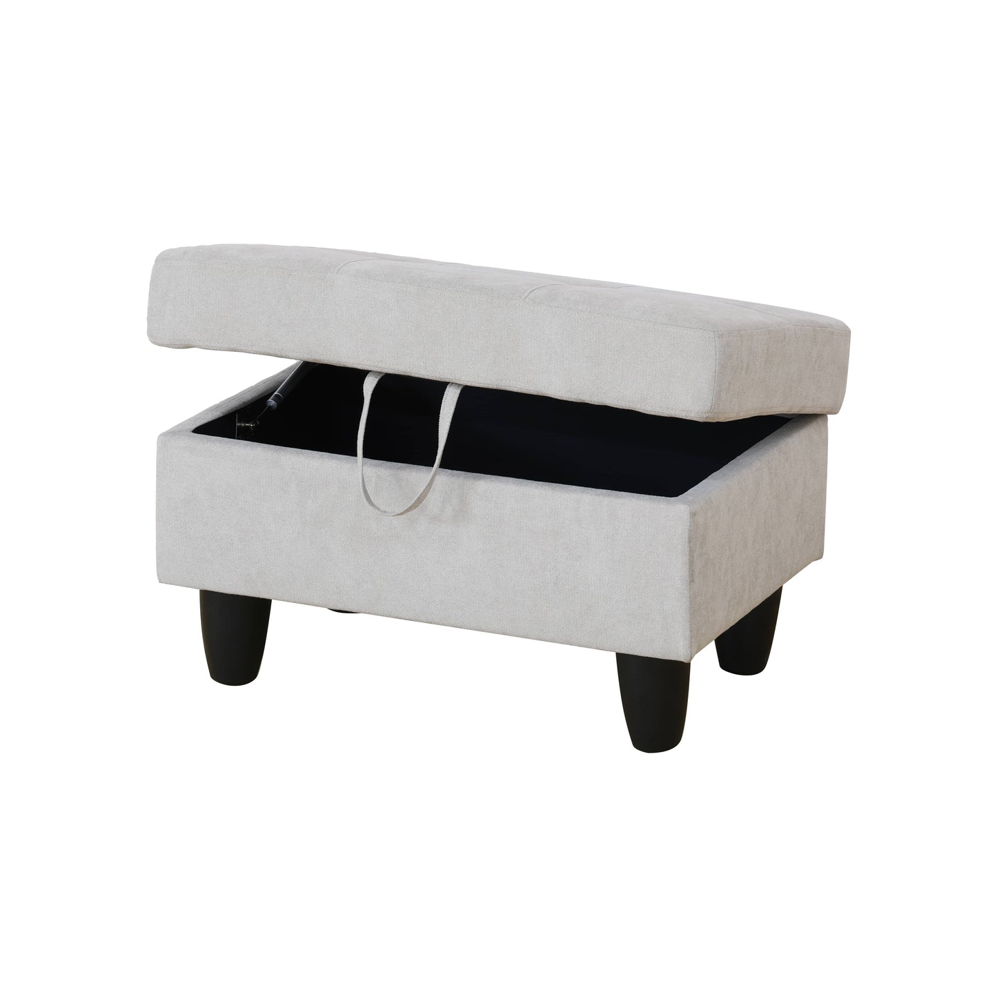 Beige fabric storage ottoman with black legs and lifted lid