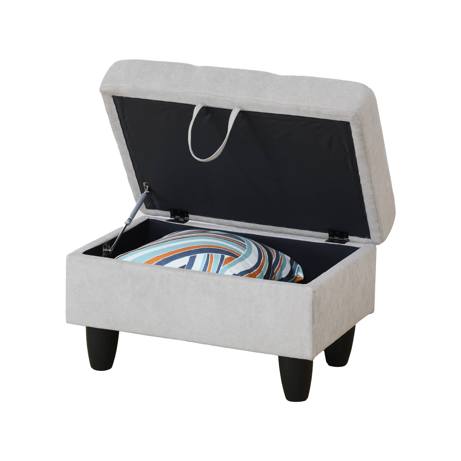 Light grey fabric storage ottoman with lifttop and patterned cushion inside