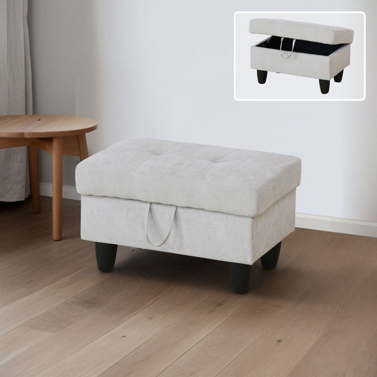 Tufted light grey fabric storage ottoman with black legs