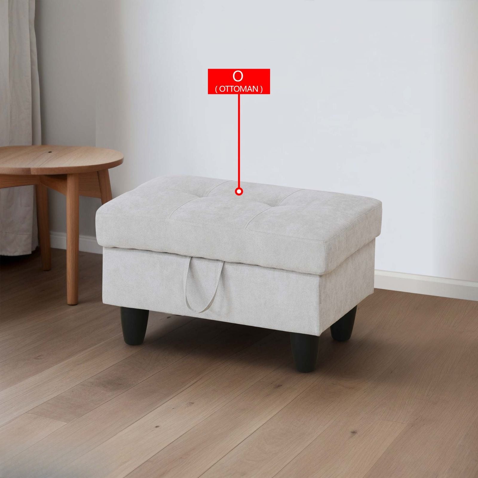 Tufted light grey fabric storage ottoman with dark tapered legs