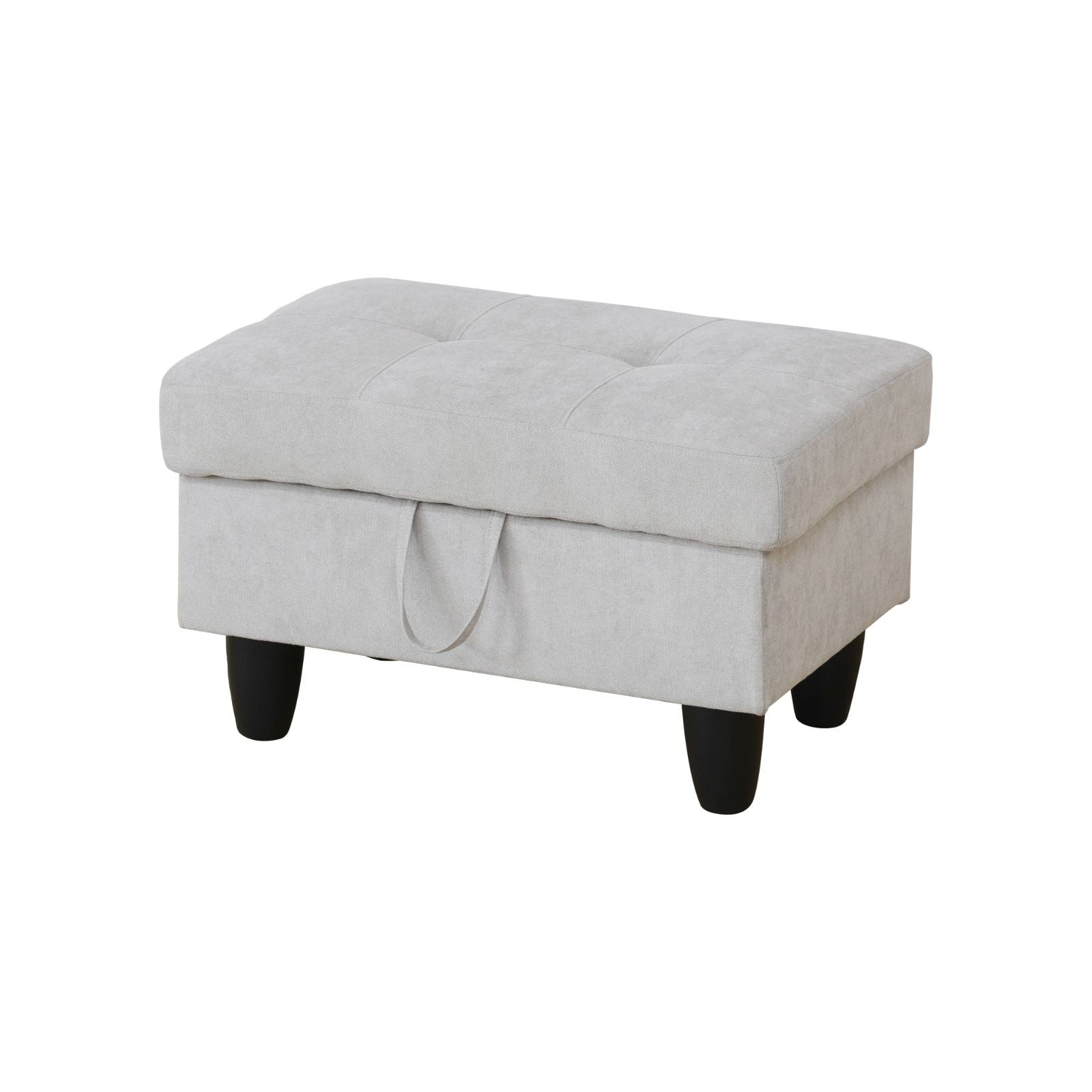Tufted light gray storage ottoman with black legs