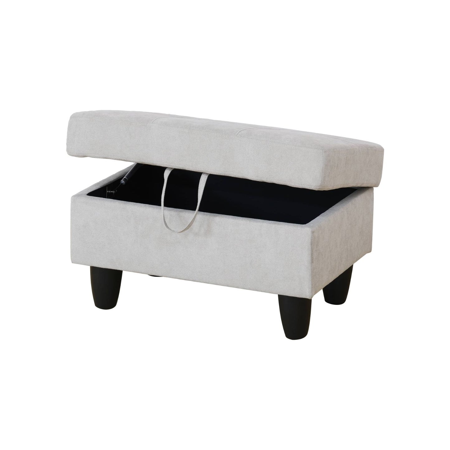 Light gray fabric storage ottoman with hinged lid open