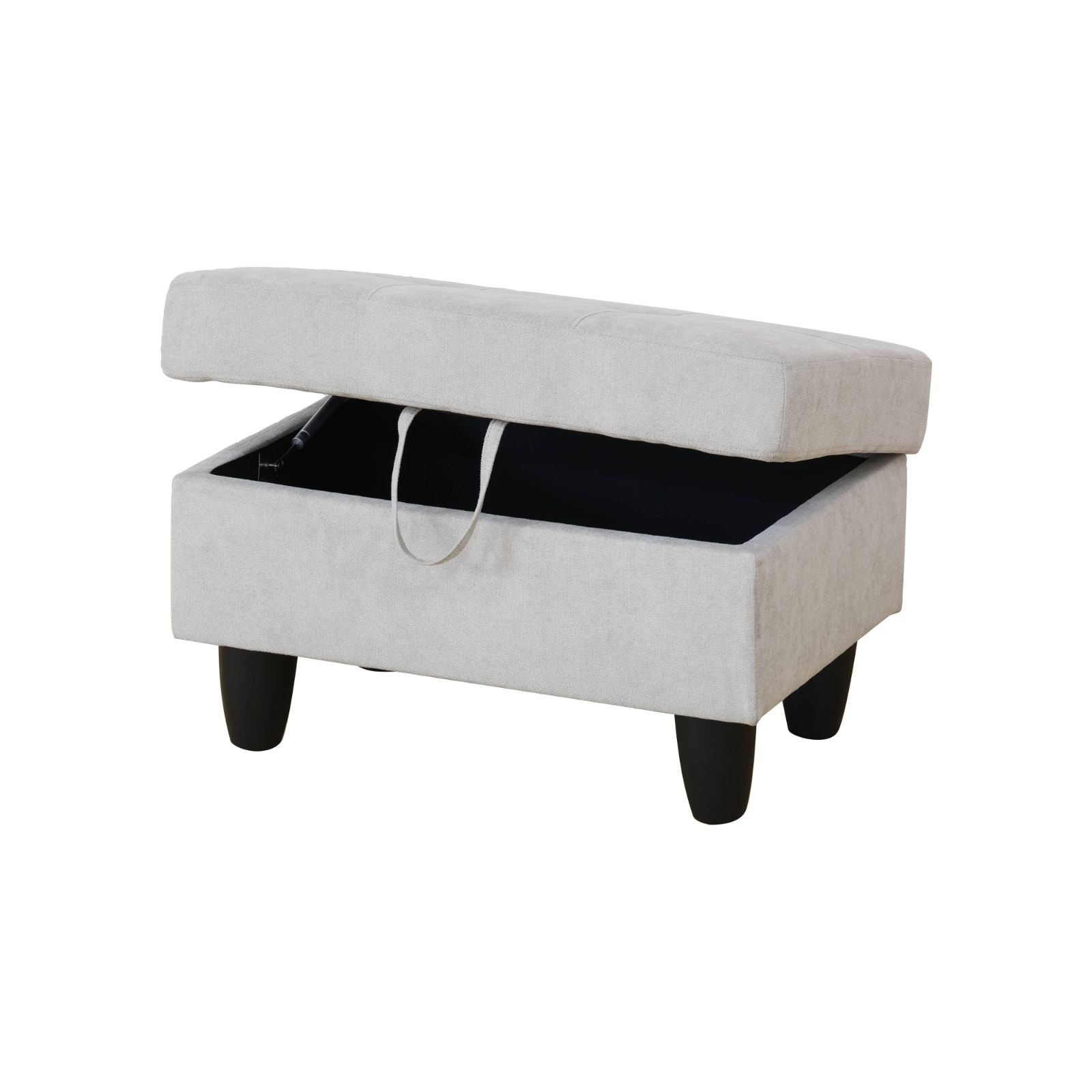 Light gray fabric storage ottoman with hinged lid open