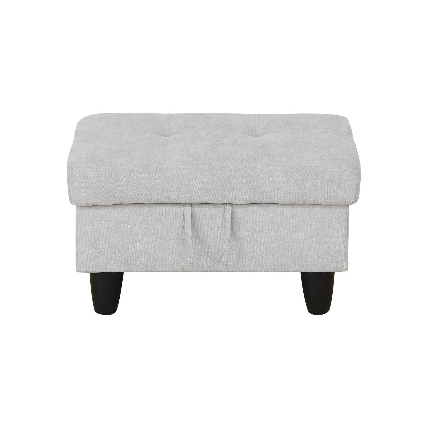 Tufted light gray fabric storage ottoman with black tapered legs and loop pull handle