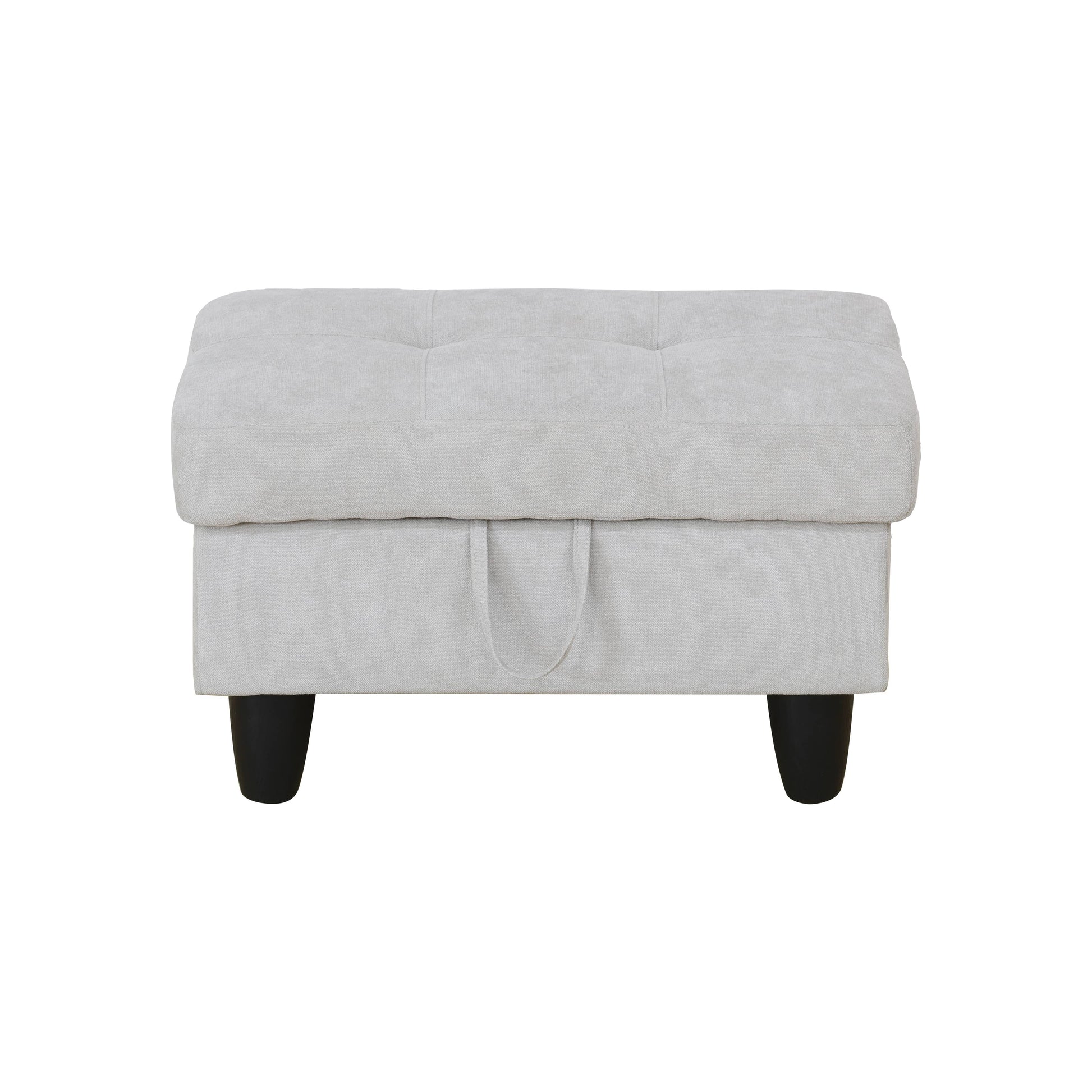 Tufted light gray fabric storage ottoman with black tapered legs and loop pull handle