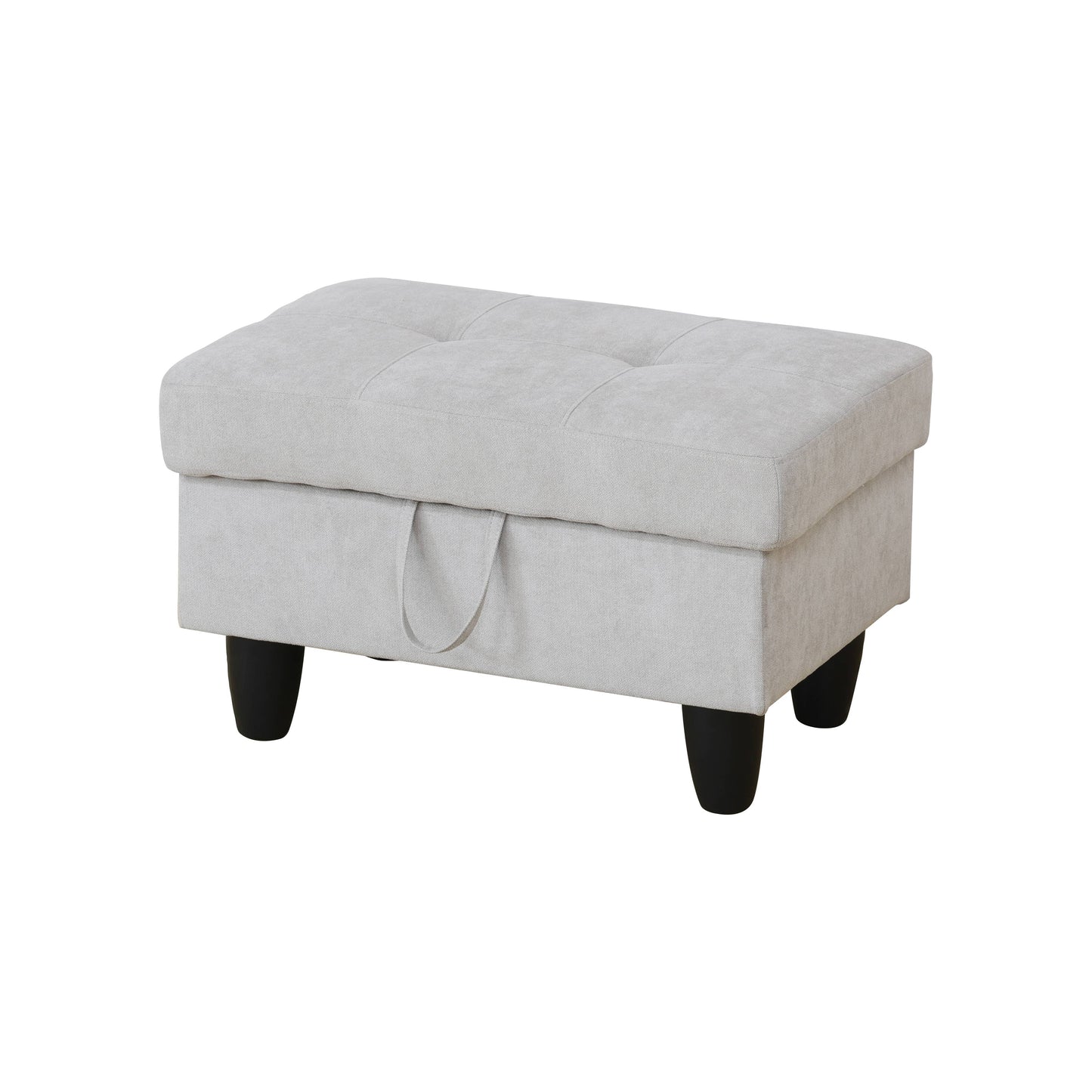 Light gray tufted storage ottoman with black tapered legs