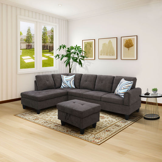 Dark grey sectional sofa with chaise and storage ottoman
