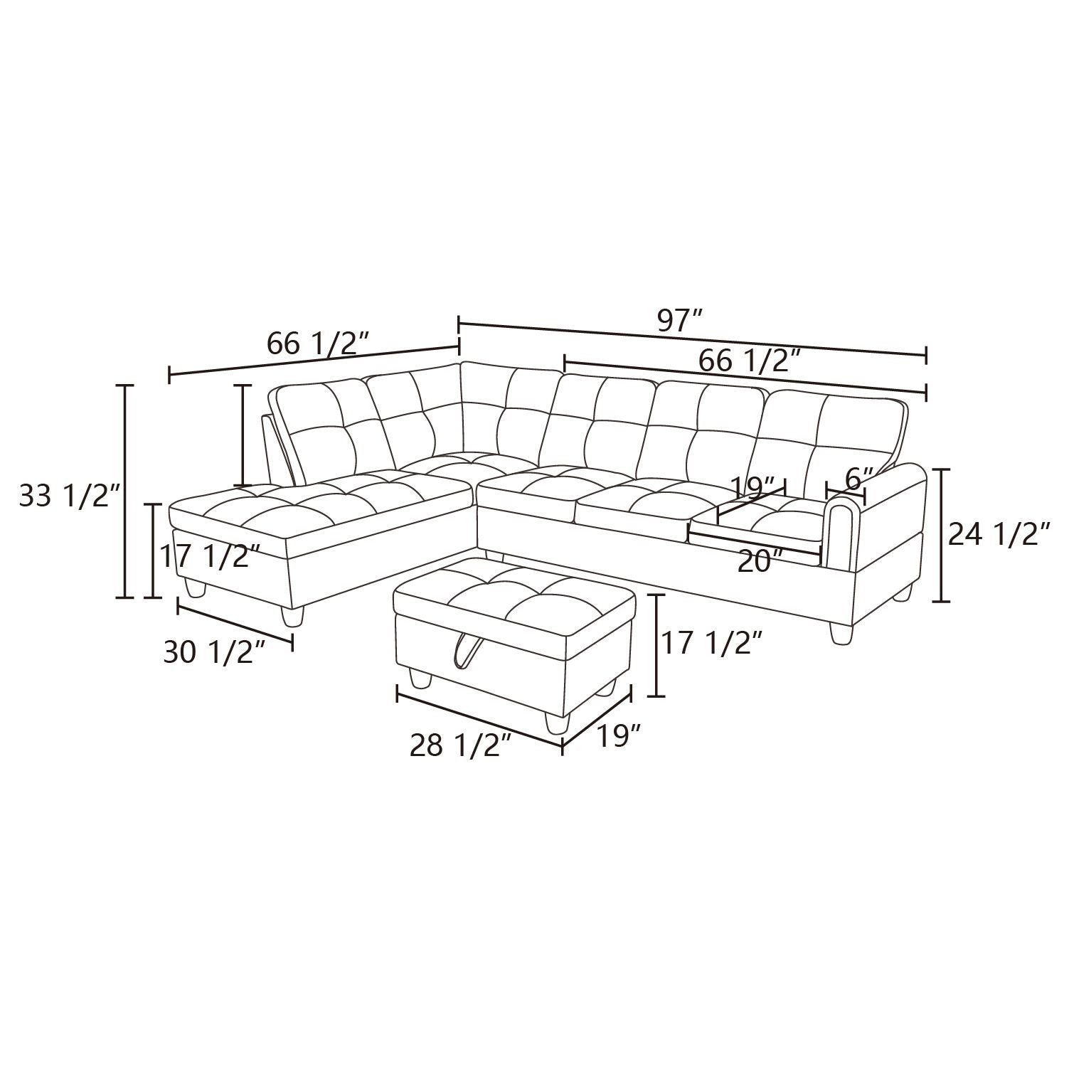 Line drawing of a sectional sofa with dimensions shown