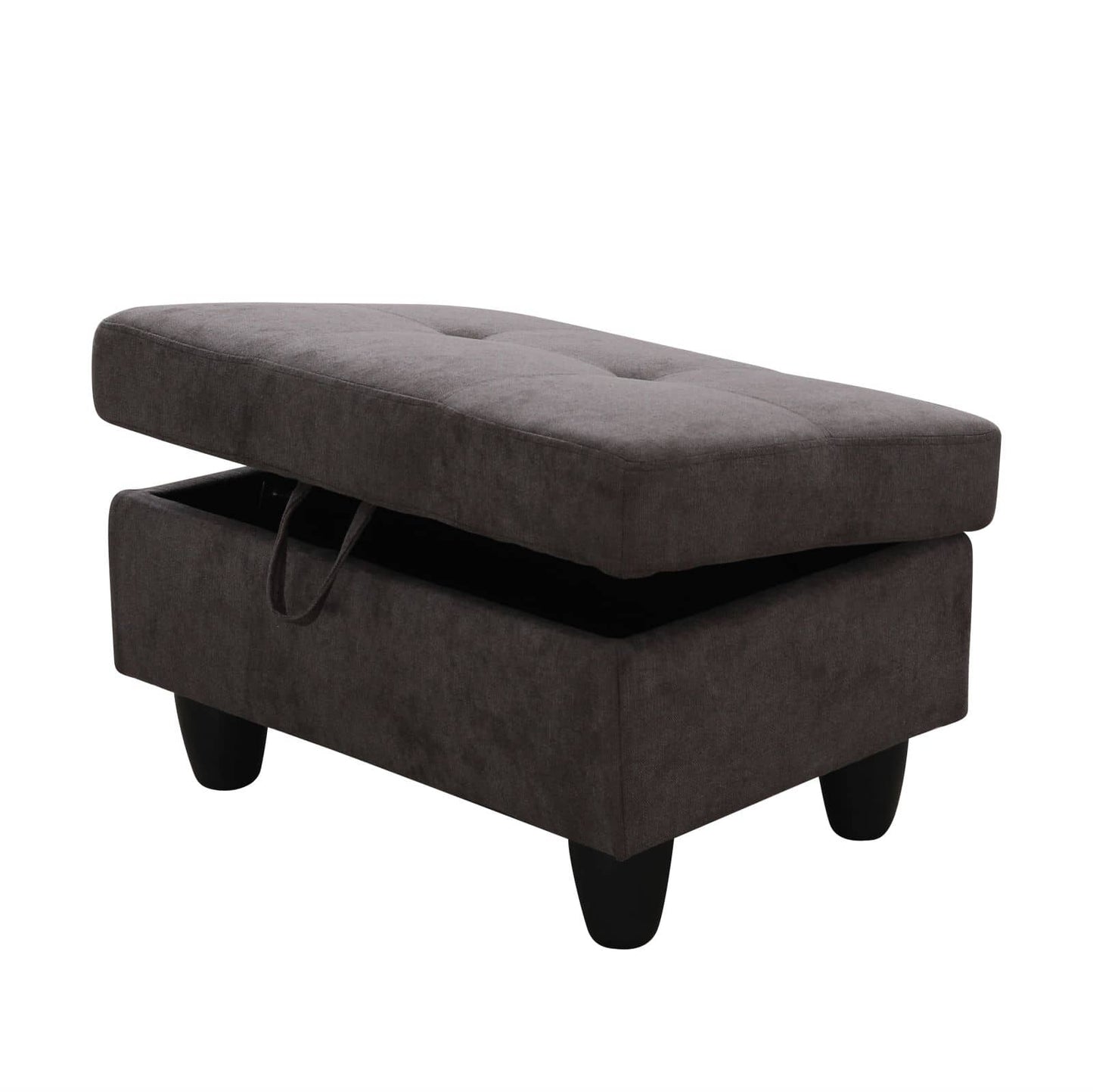 Dark gray fabric storage ottoman with button tufting