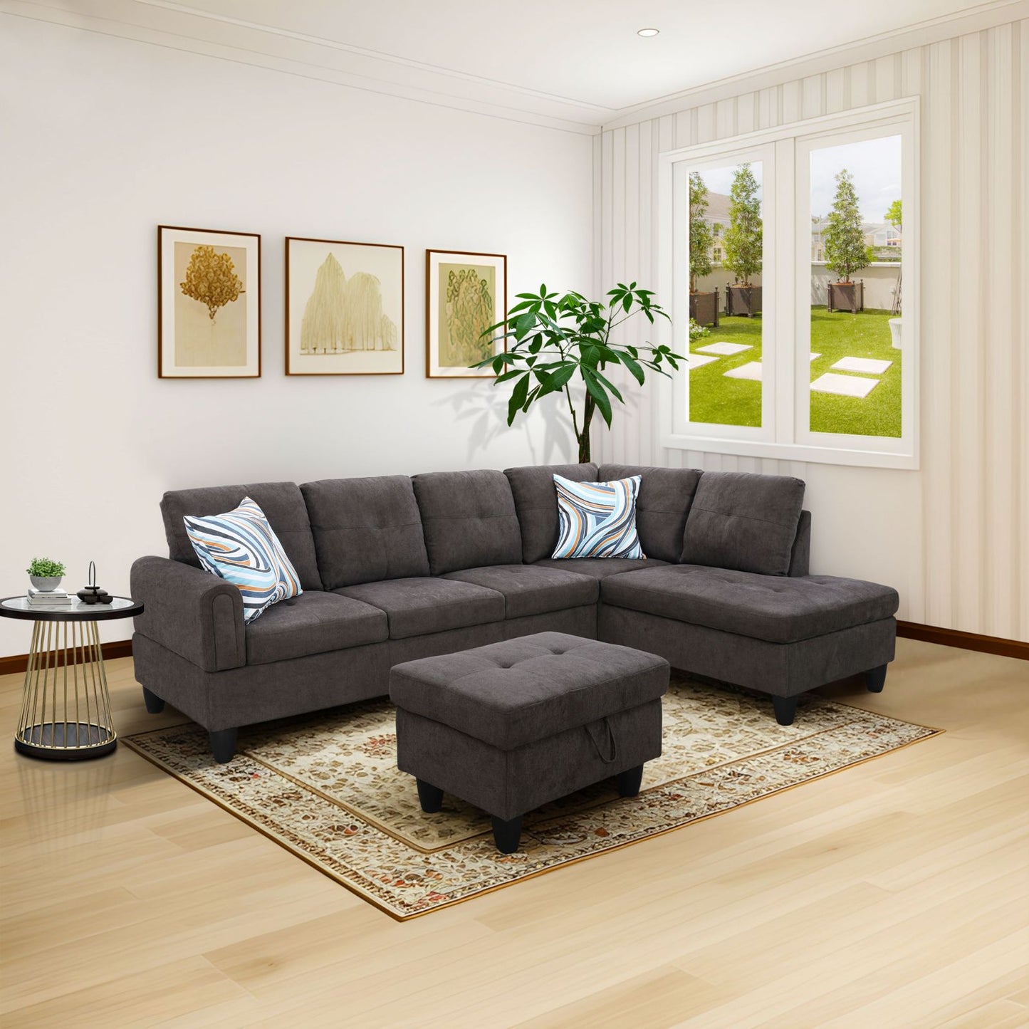 Dark gray fabric sectional sofa with chaise and matching ottoman