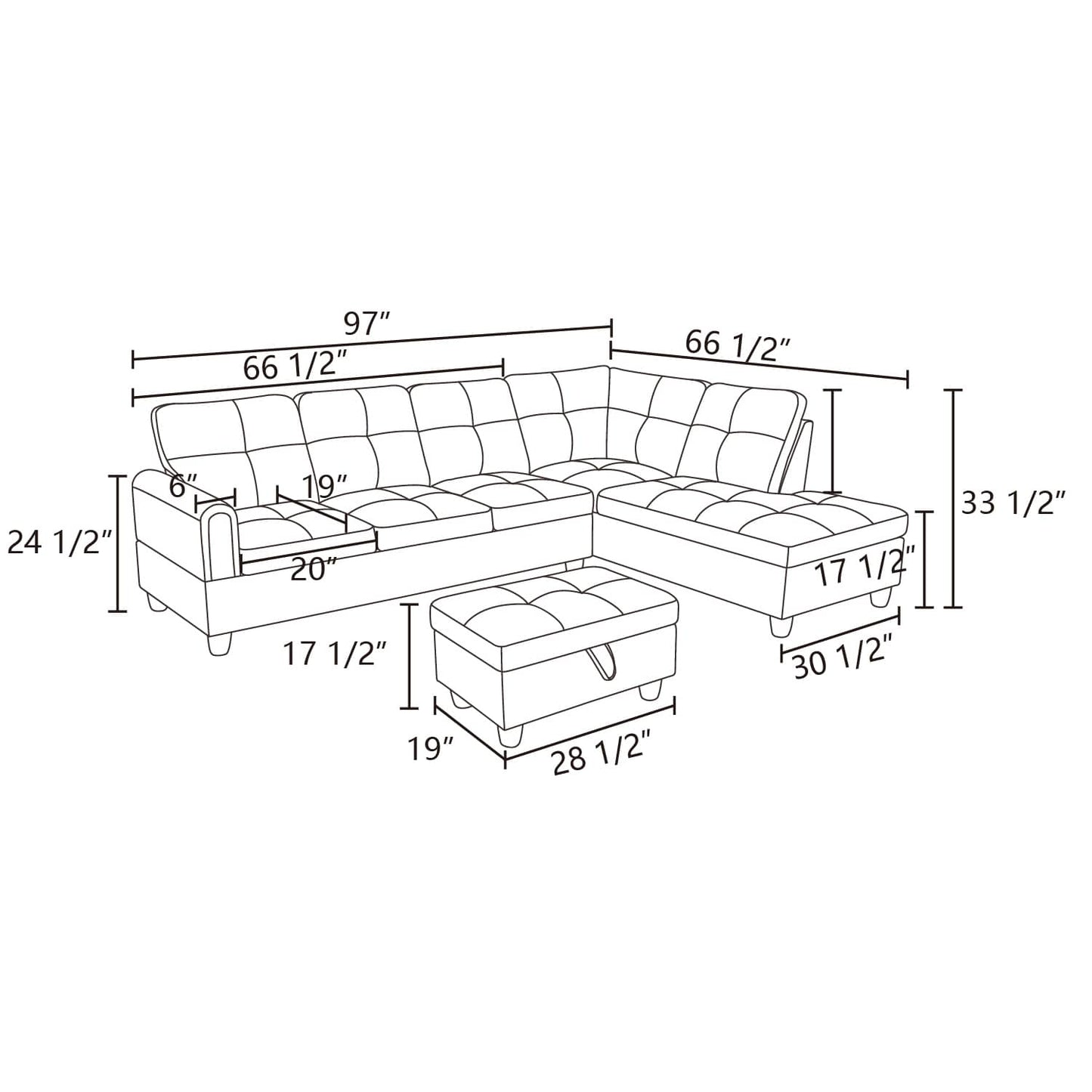 Line drawing of sectional sofa with ottoman and dimensions