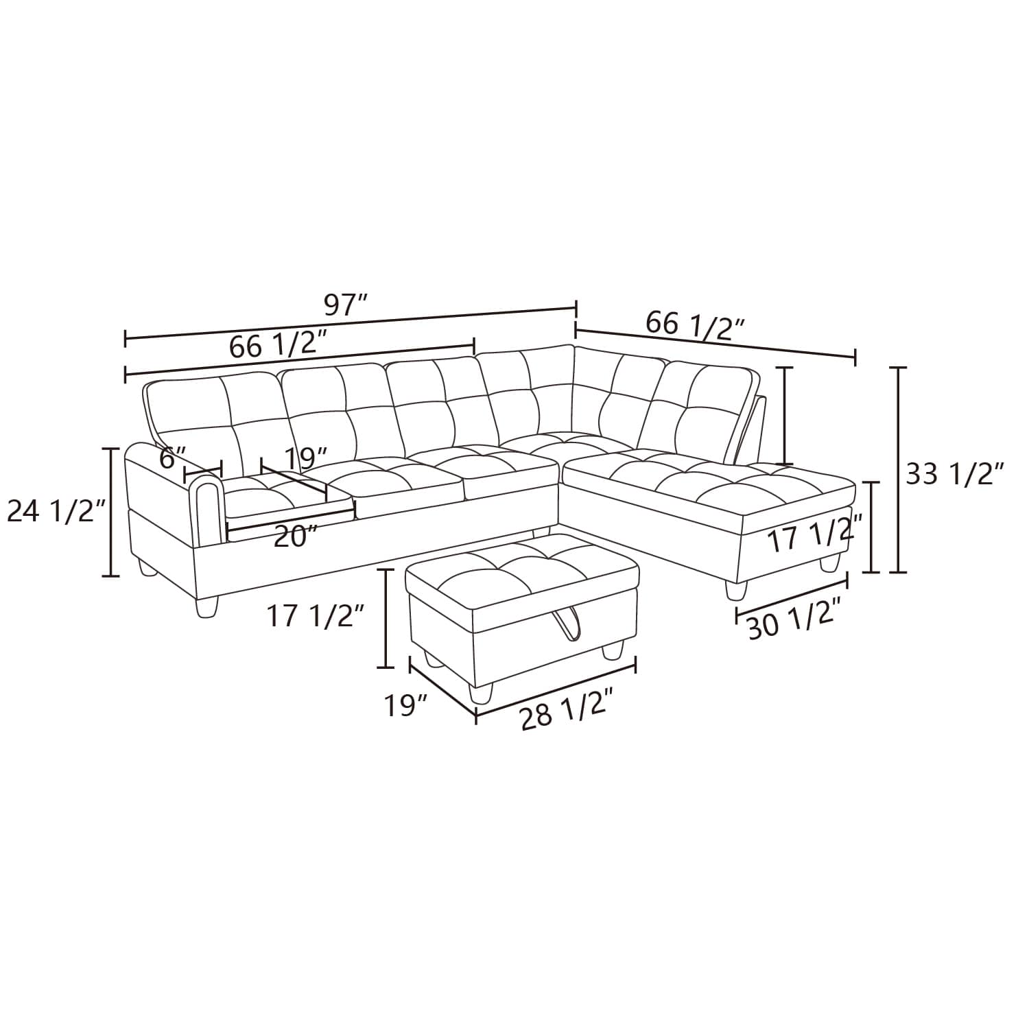 Line drawing of sectional sofa with ottoman and dimensions