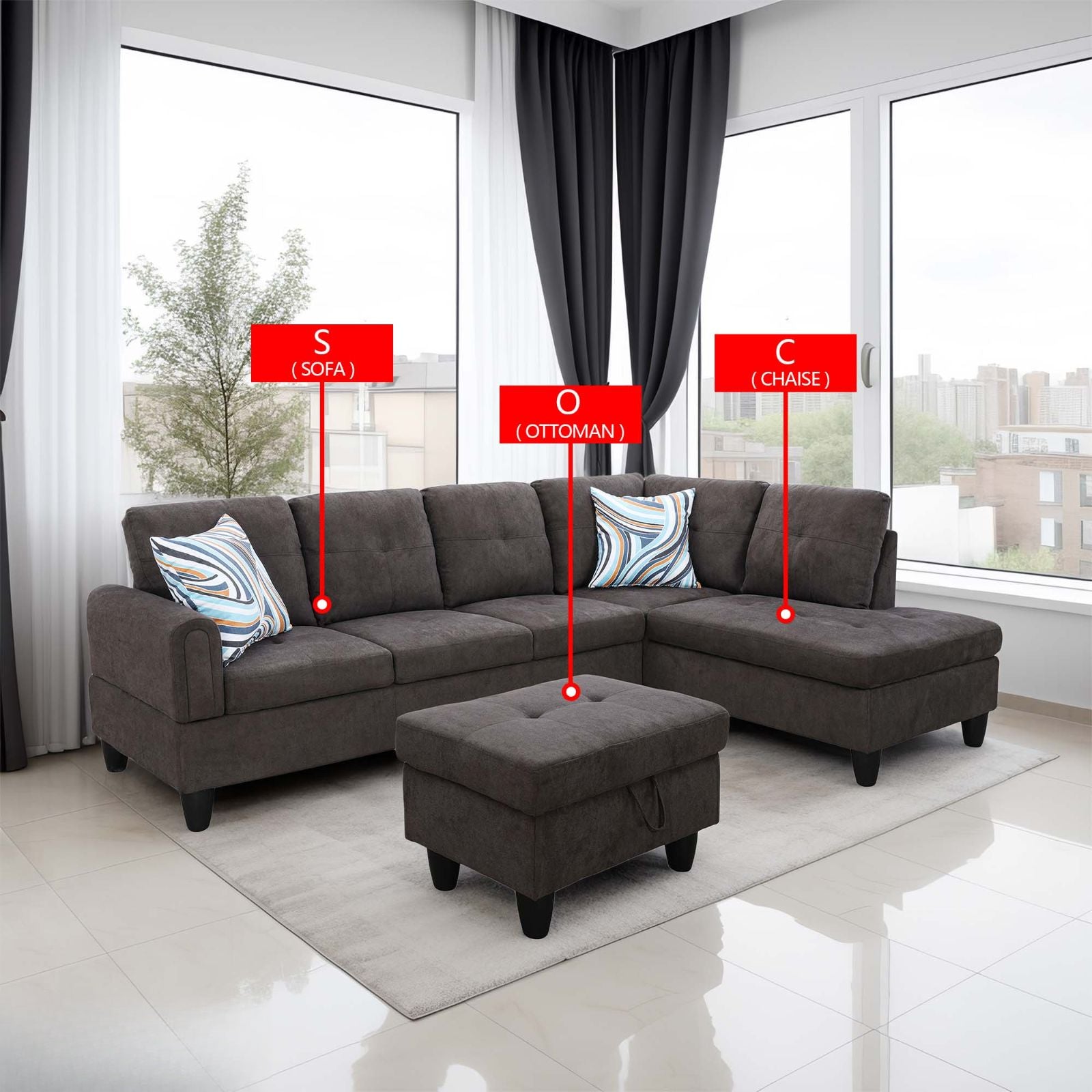 Dark gray fabric sectional sofa with matching ottoman