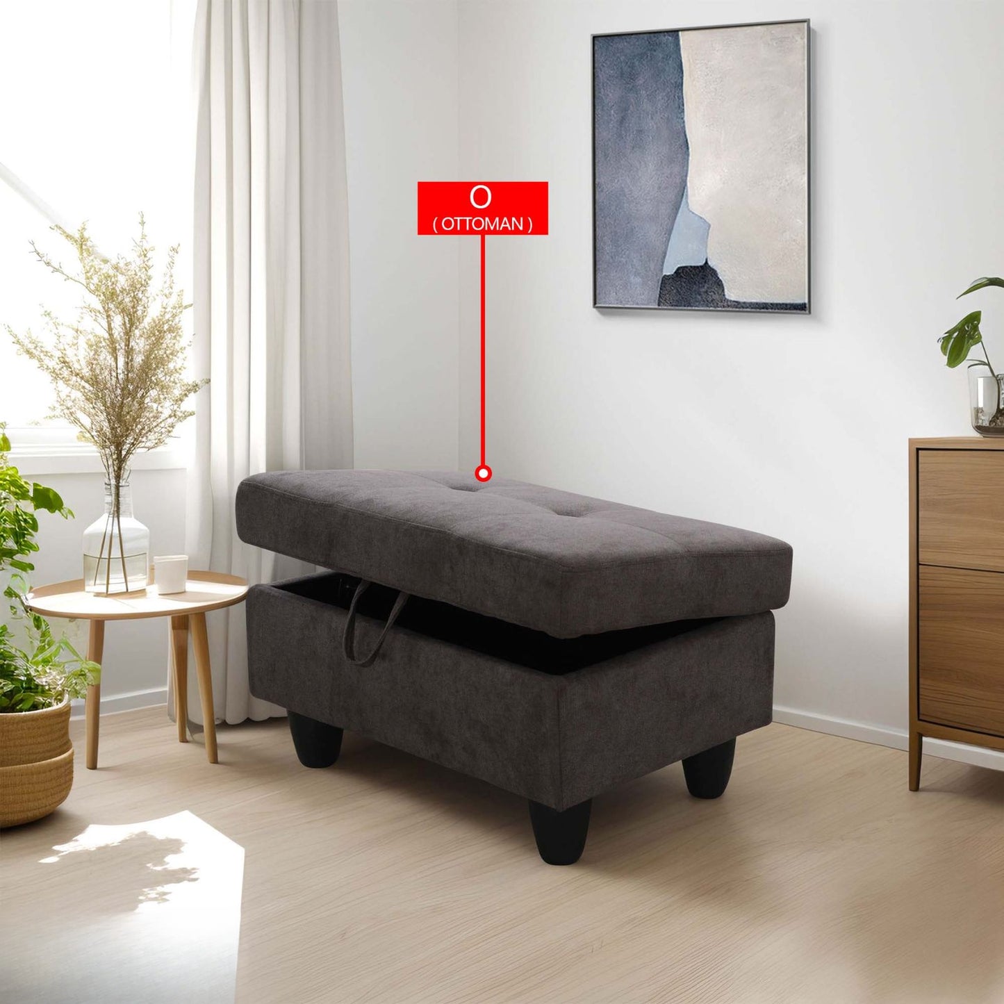 Dark grey storage ottoman with tufted lid open