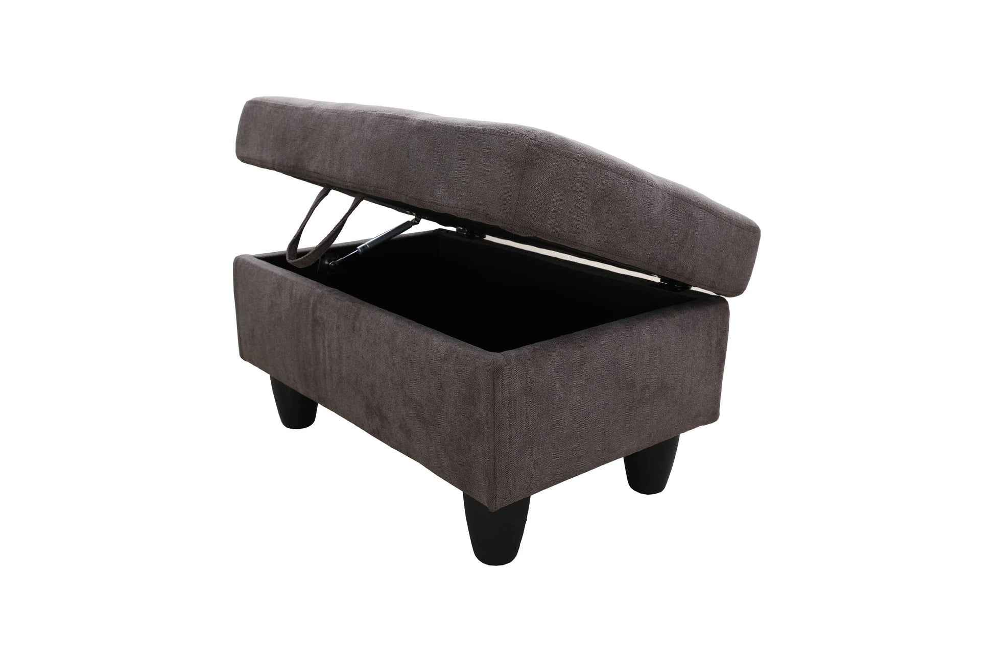 Dark grey fabric ottoman with lid open to reveal storage space