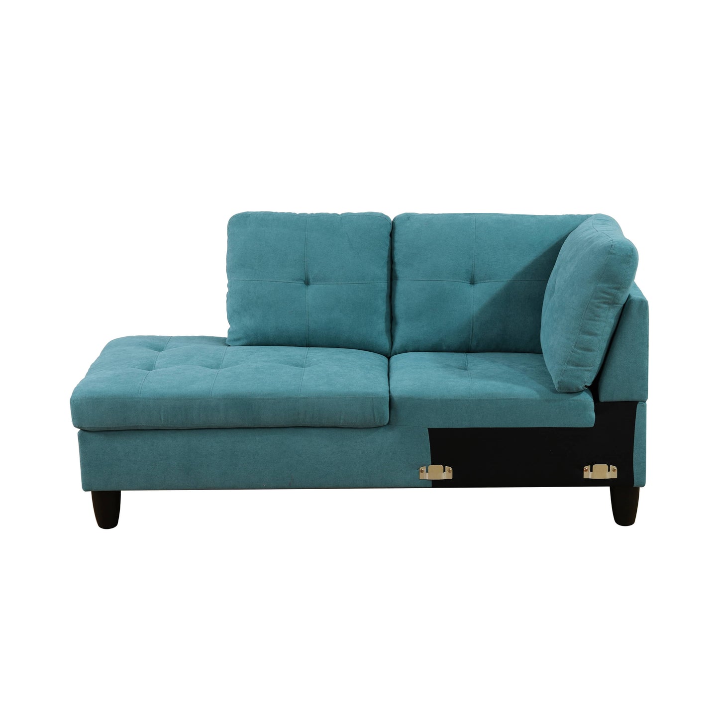 Teal fabric sectional sofa with tufted cushions and chaise lounge