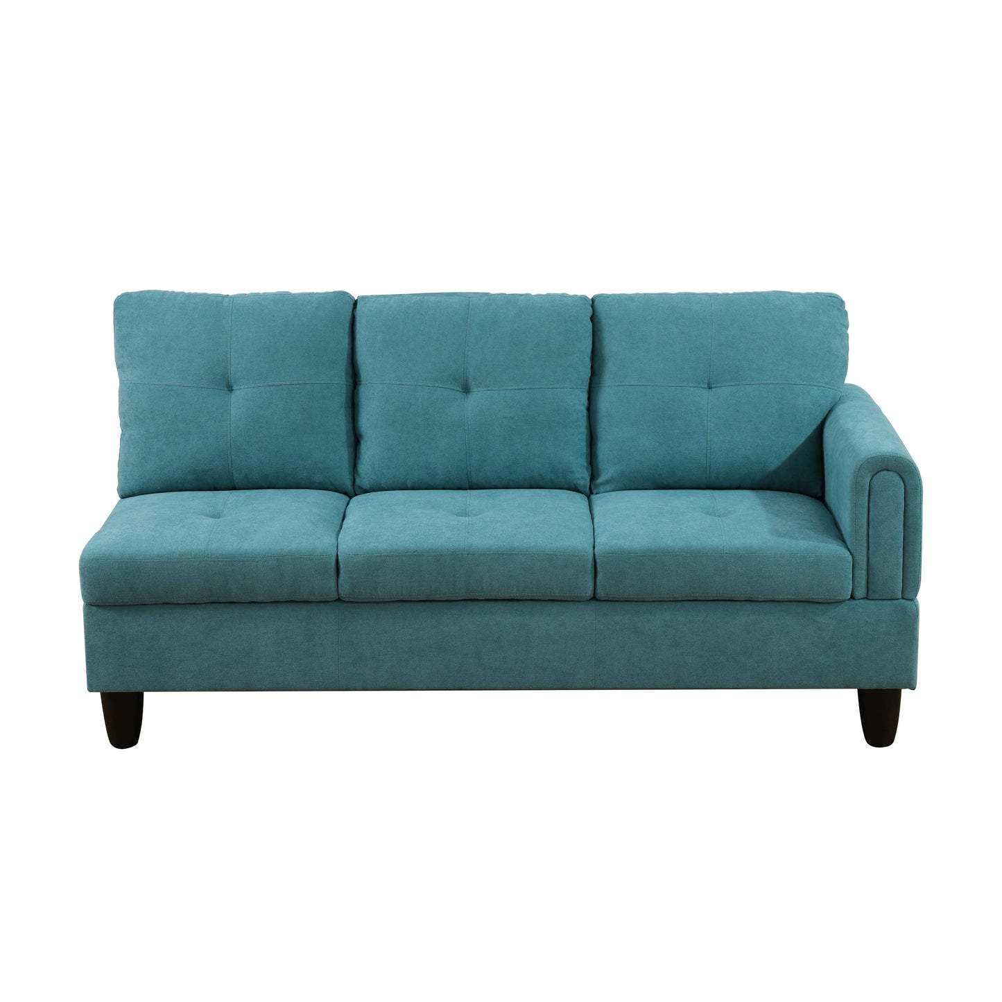 Tufted teal fabric sectional sofa with wooden legs
