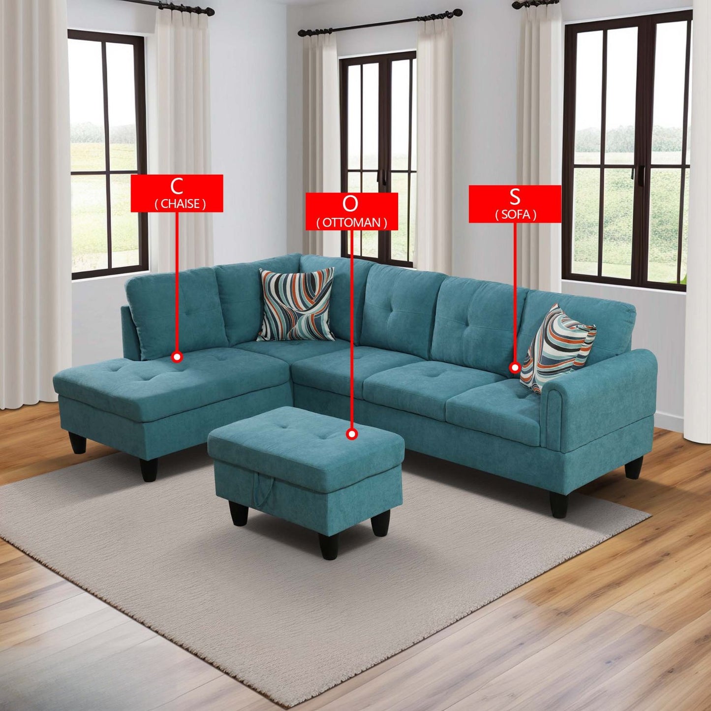 Teal sectional sofa with chaise lounge and matching ottoman