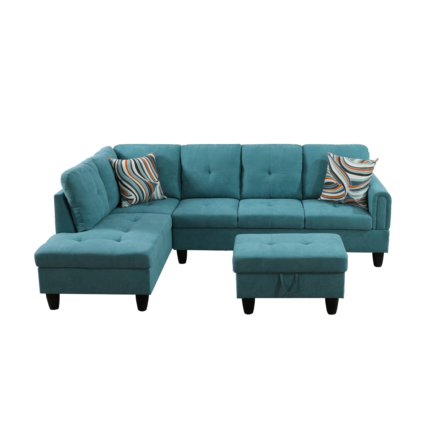 Teal fabric sectional sofa with chaise lounge and tufted cushions
