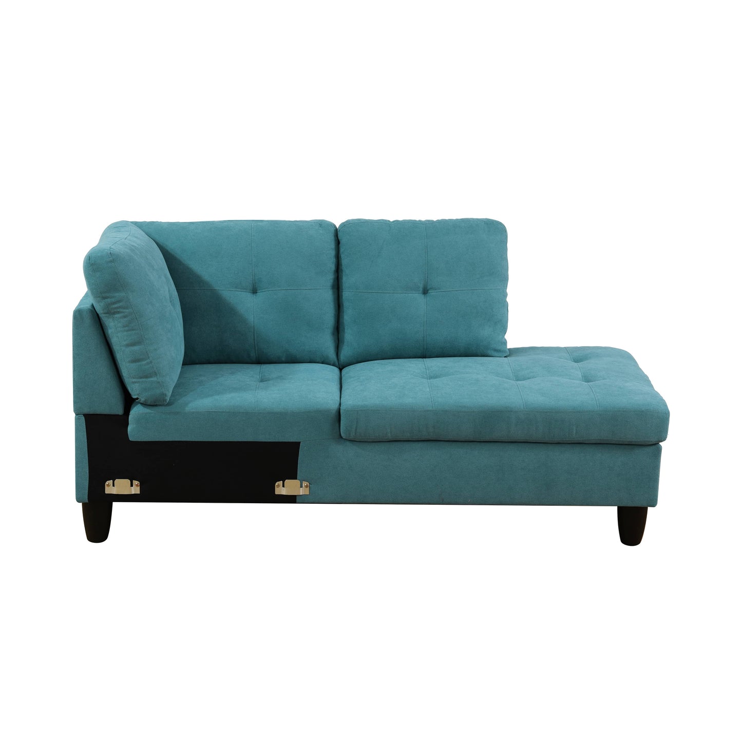 Teal fabric sectional sofa with tufted cushions and a chaise lounge