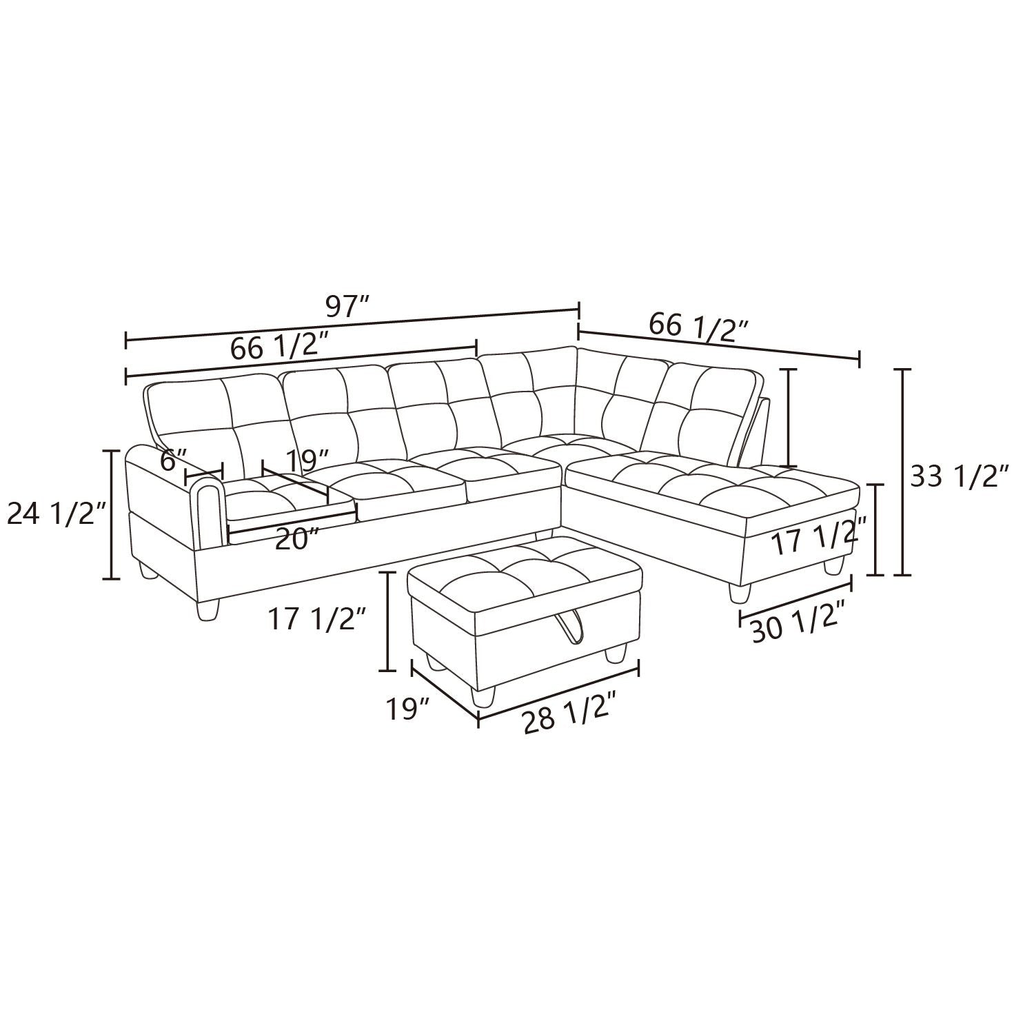 Diagram showing sectional sofa dimensions