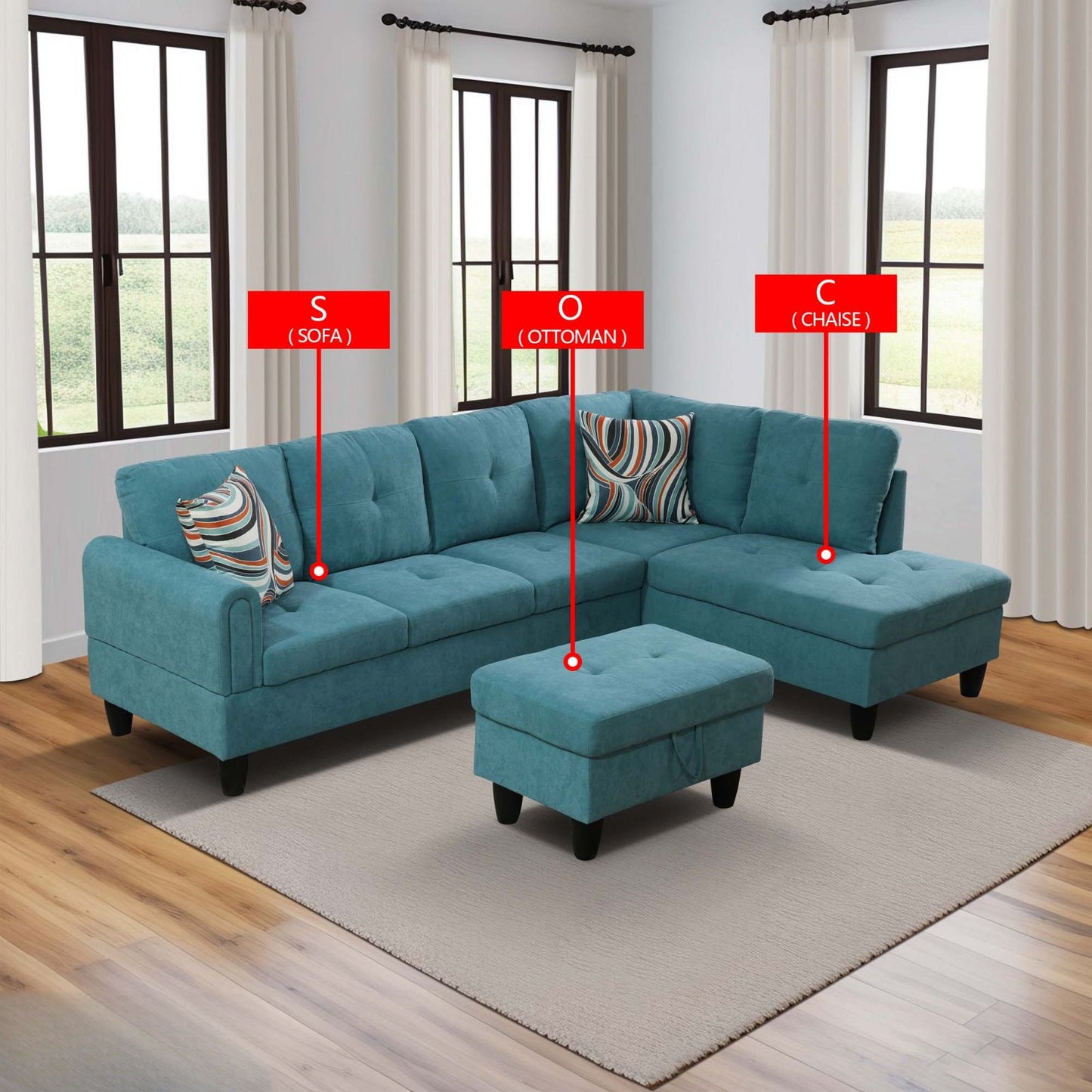 Teal fabric sectional sofa with tufted cushions and matching ottoman