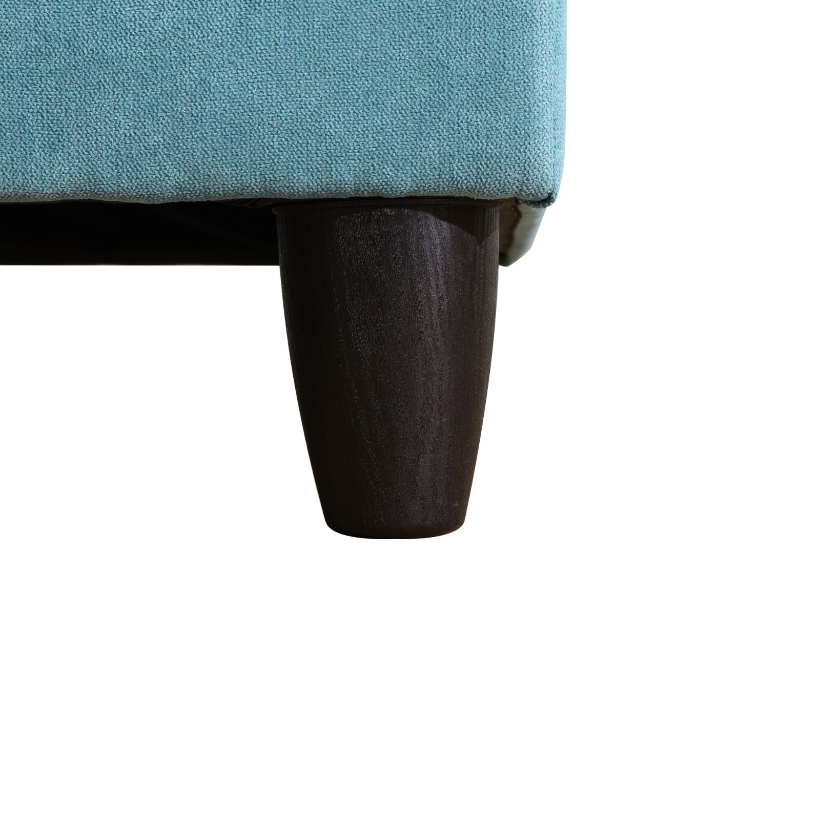 Aqua chenille sofa detail with tapered dark wood leg